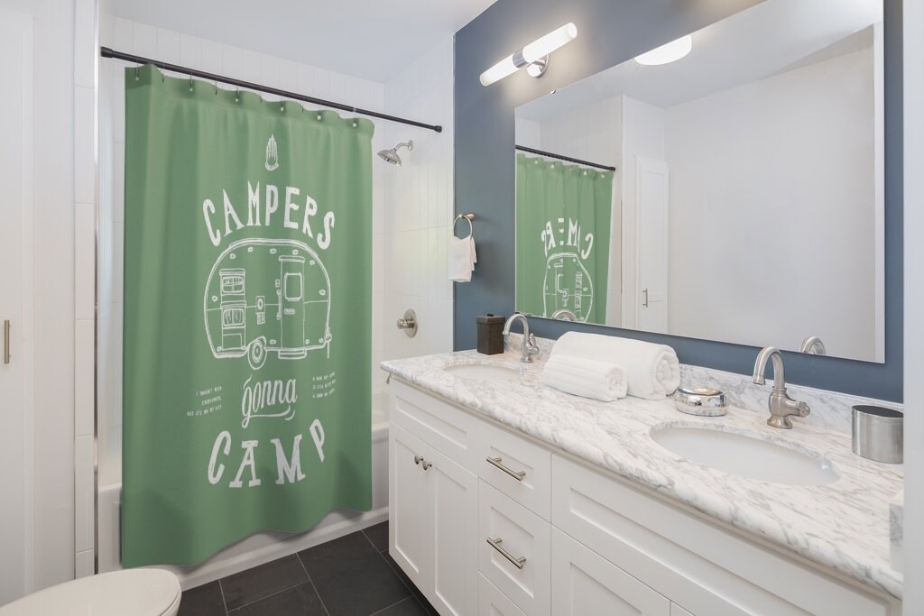 Get ready for a camping trip with this Campers Gonna Camp - Green and White Shower Curtain - Image 2