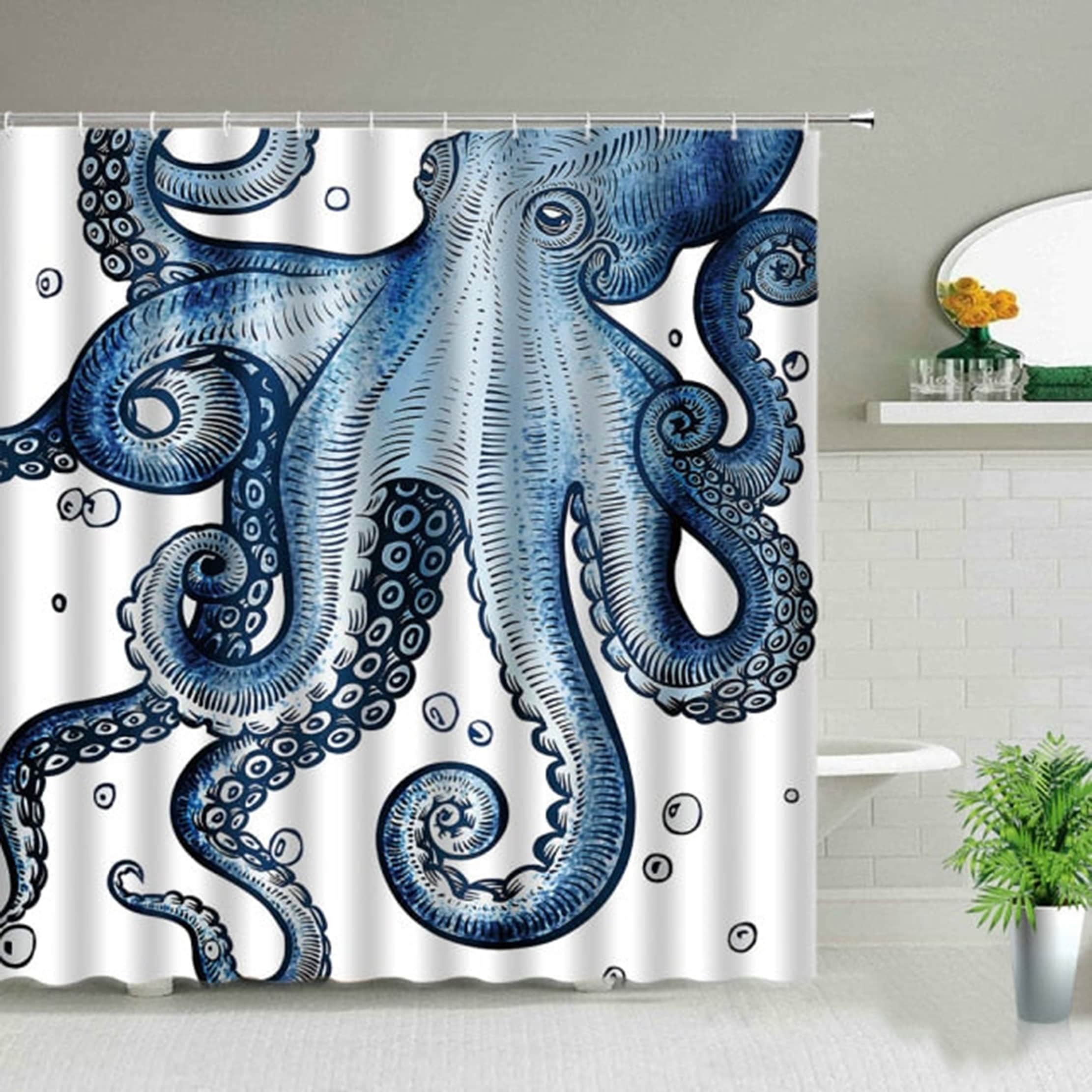 Giant Blue Octopus Shower Curtain | Coastal Marine Ocean Squid Mollusca | Home Bath Decor | Nautical Theme | Gift