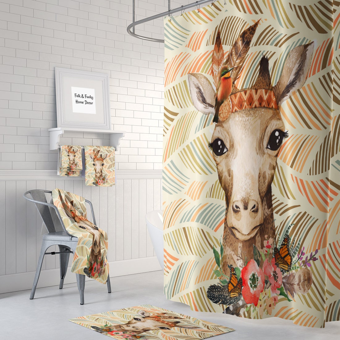 Giraffe Shower Curtain, Boho Chic Bathroom Decor with Kids Bathroom Shower Curtain Print