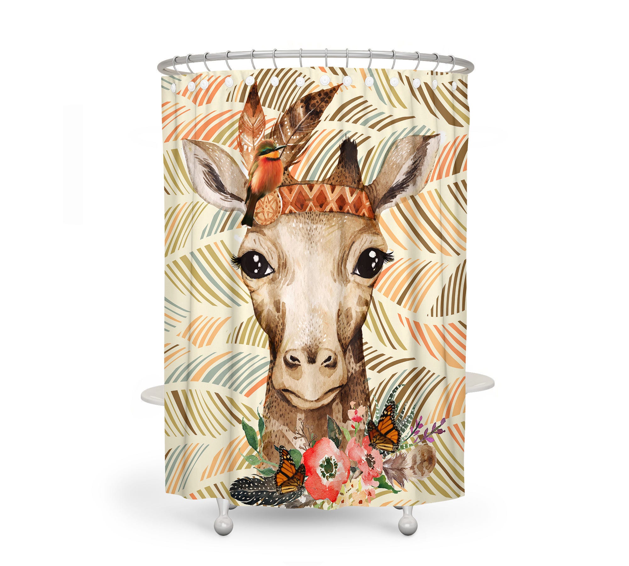 Giraffe Shower Curtain, Boho Chic Bathroom Decor with Kids Bathroom Shower Curtain Print - Image 2