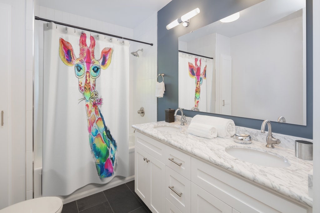 Giraffe Shower Curtain, Watercolor Animal Art, Fun Kids Bathroom Decor - Image 2