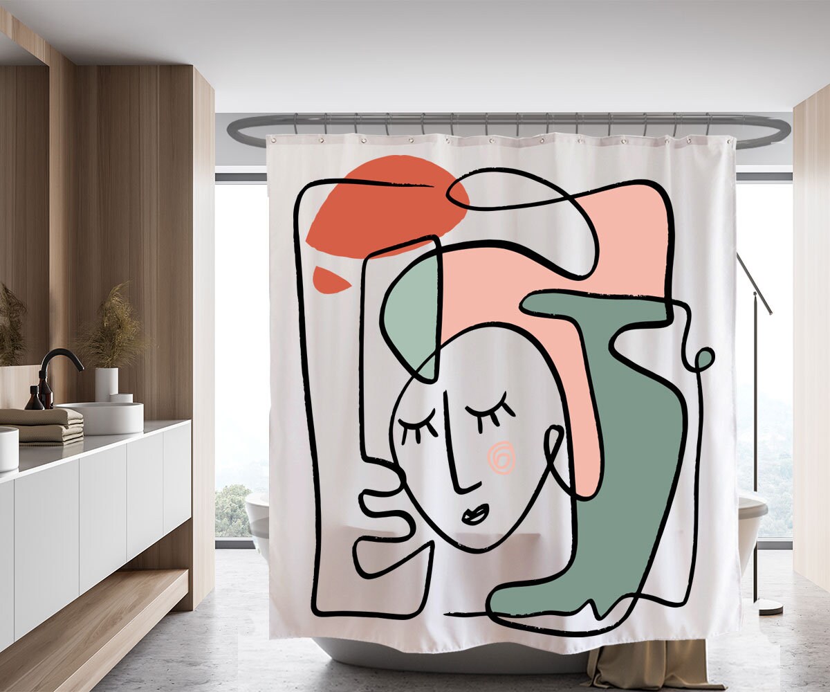 Girl Face Abstract Art Shower Curtain for Bathroom Decor, Customizable Waterproof & Washable Curtain - Image 2