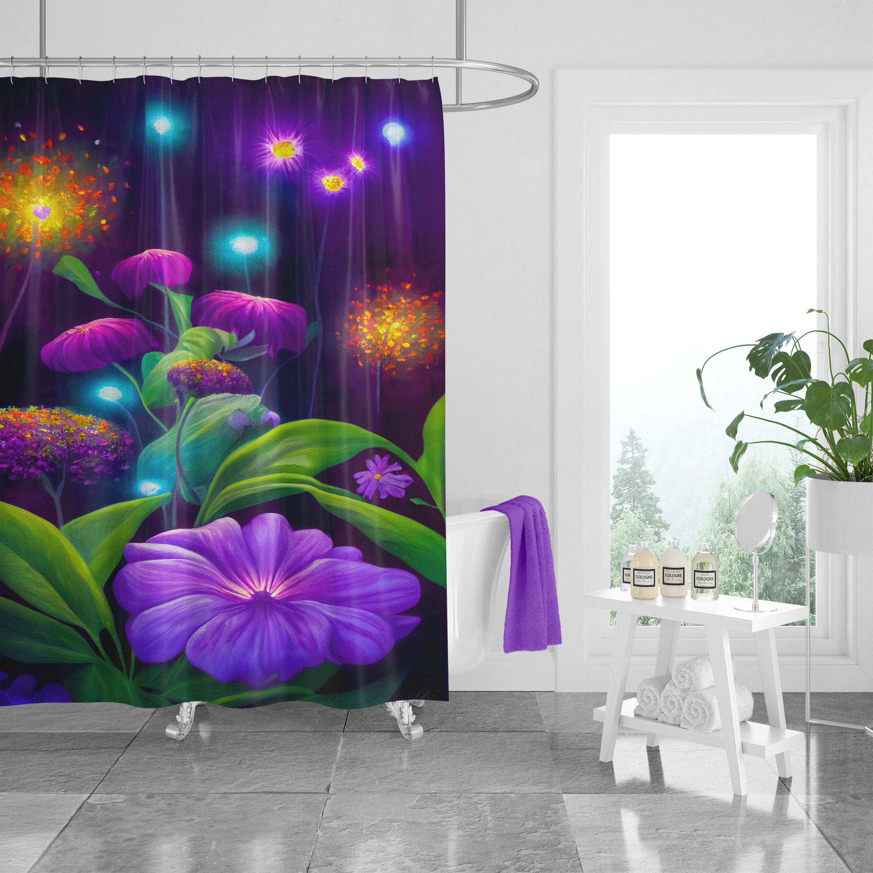 Glow in the Dark Garden Shower Curtain with Optional Towels and Mats