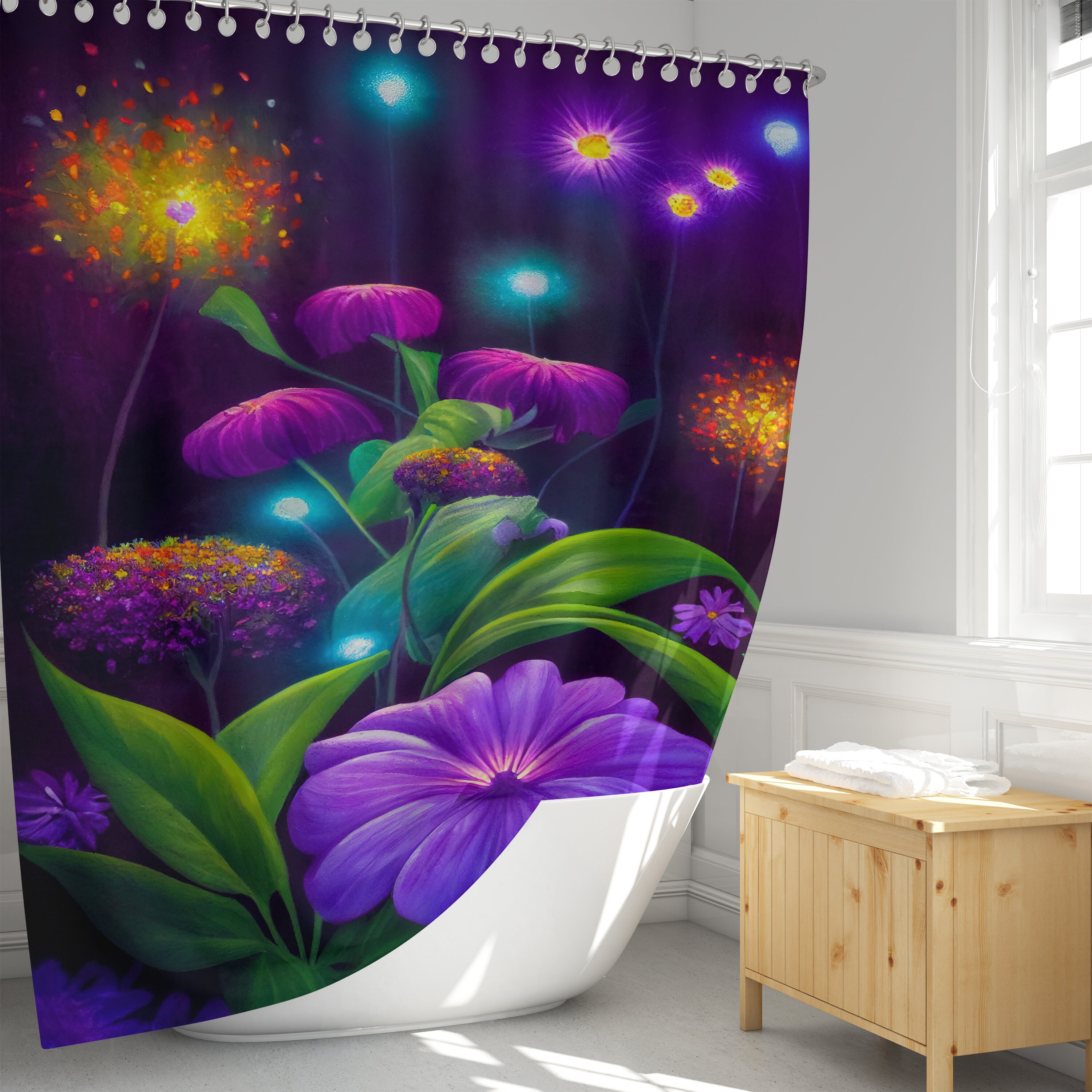 Glow in the Dark Garden Shower Curtain with Optional Towels and Mats - Image 2