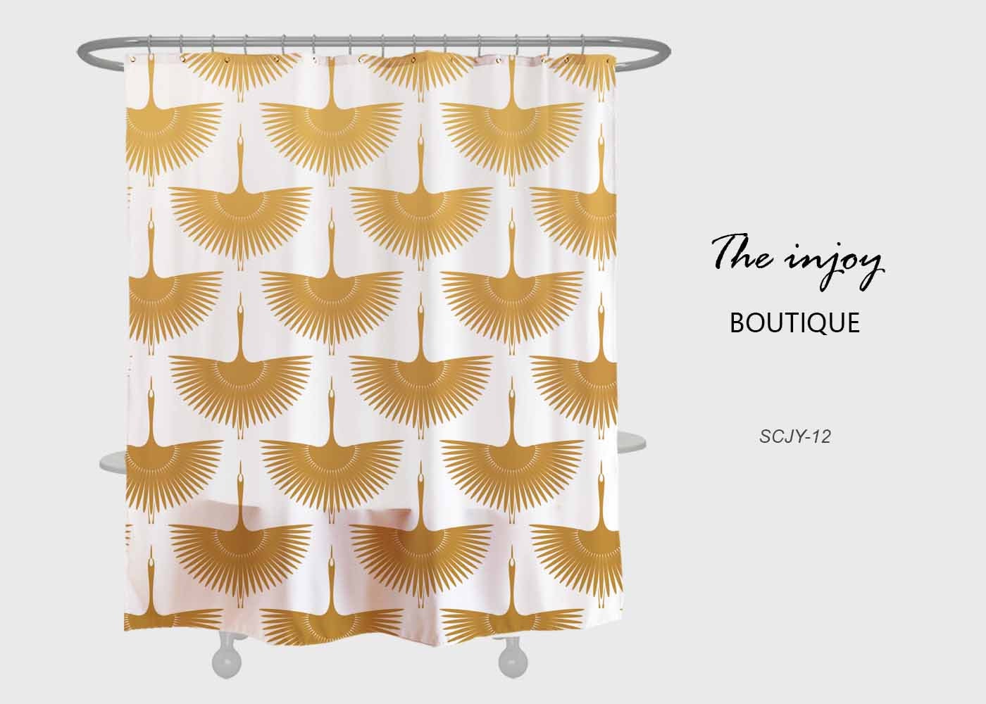 Gold Crane Shower Curtain with Heavy Duty Polyester Fabric - Waterproof and Durable