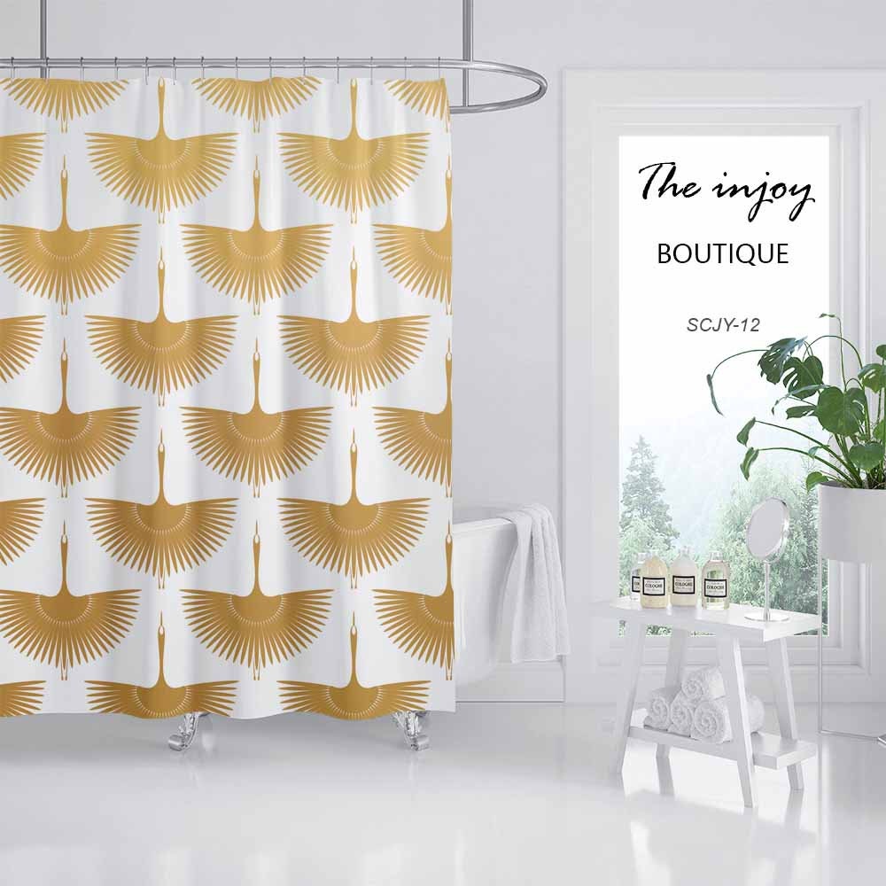 Gold Crane Shower Curtain with Heavy Duty Polyester Fabric - Waterproof and Durable - Image 2