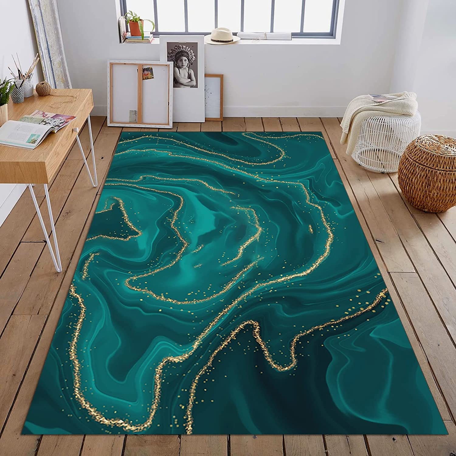 Gold Starlight Line and Emerald Green Art Deco Rug with Retro Inspiration for Chic Home Decor - Image 2