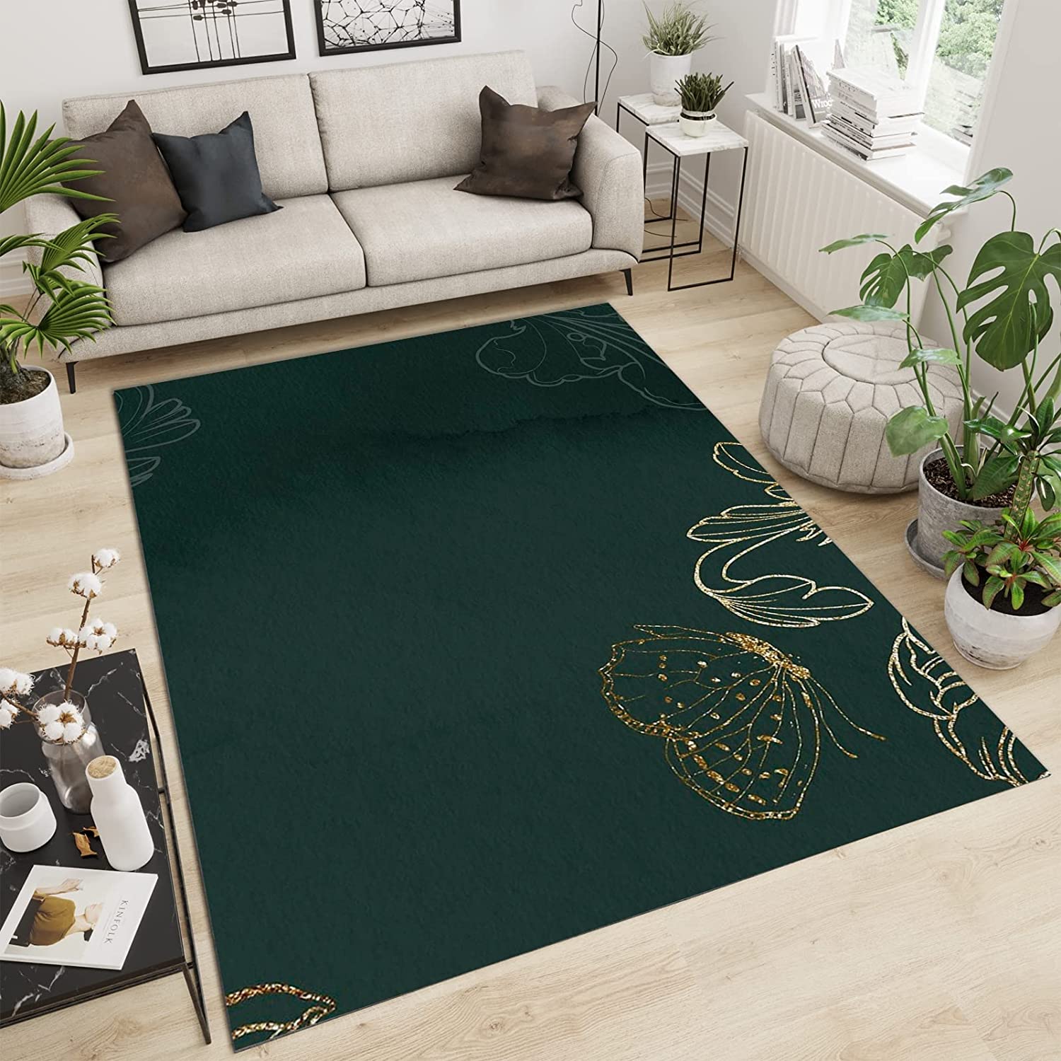 Golden Butterfly Plant Area Rug - Pure Black Carpet with Fine Fluff High Density