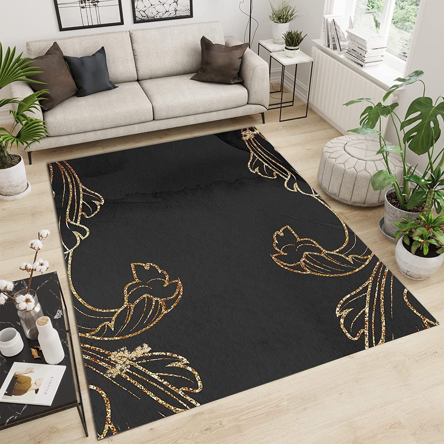 Golden Flower Edge Area Rugs with Pure Black BackgRug Color Carpet and Fine Pile High Density