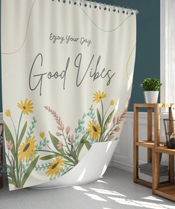 Good Vibes Shower Curtain | Summer Floral Leaves Garden | Fabric Bathroom Curtain | Botanical Theme
