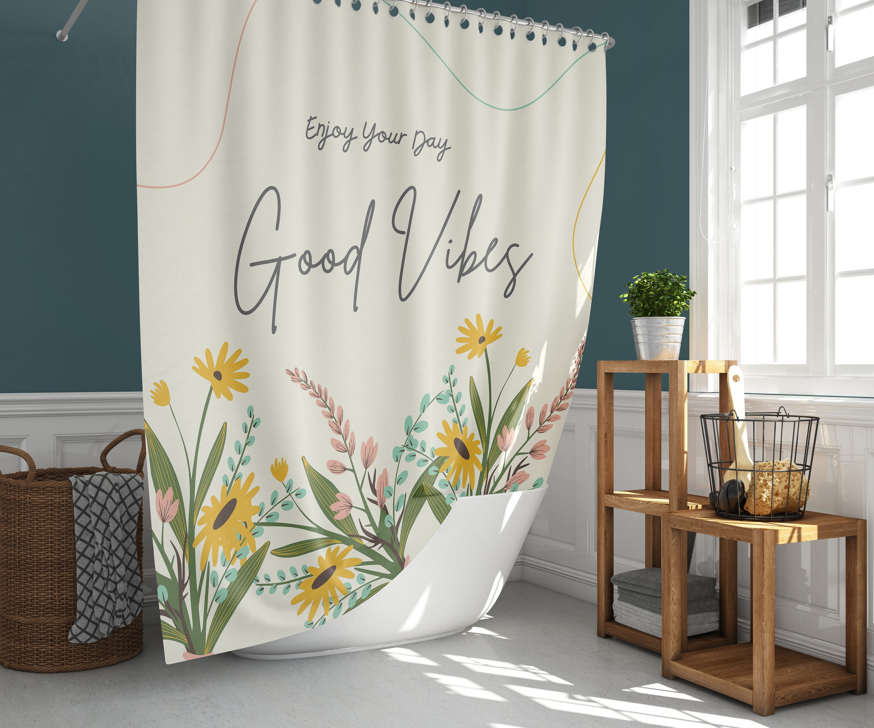 Good Vibes Shower Curtain | Summer Floral Leaves Garden | Fabric Bathroom Curtain | Botanical Theme