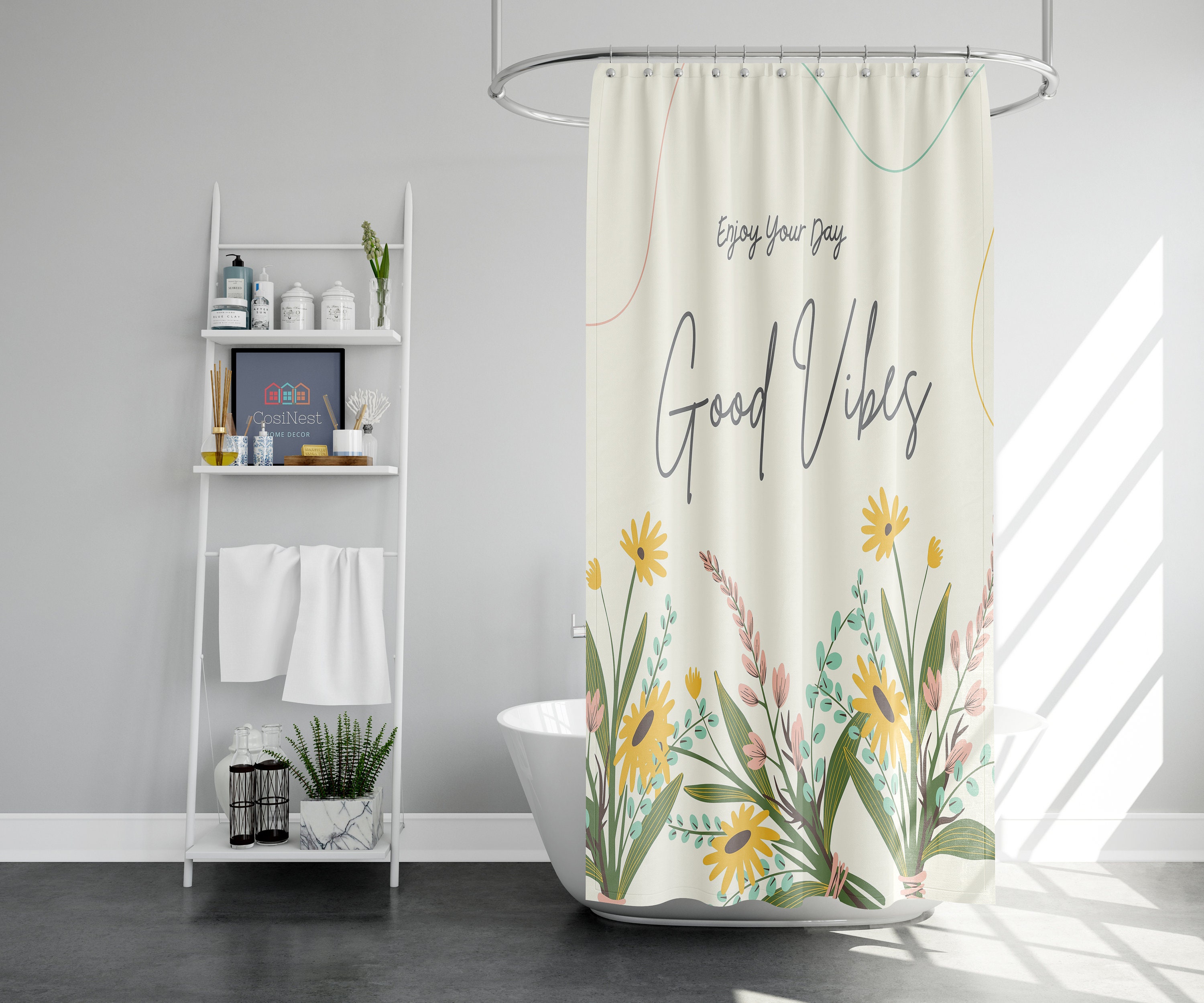 Good Vibes Shower Curtain | Summer Floral Leaves Garden | Fabric Bathroom Curtain | Botanical Theme - Image 2
