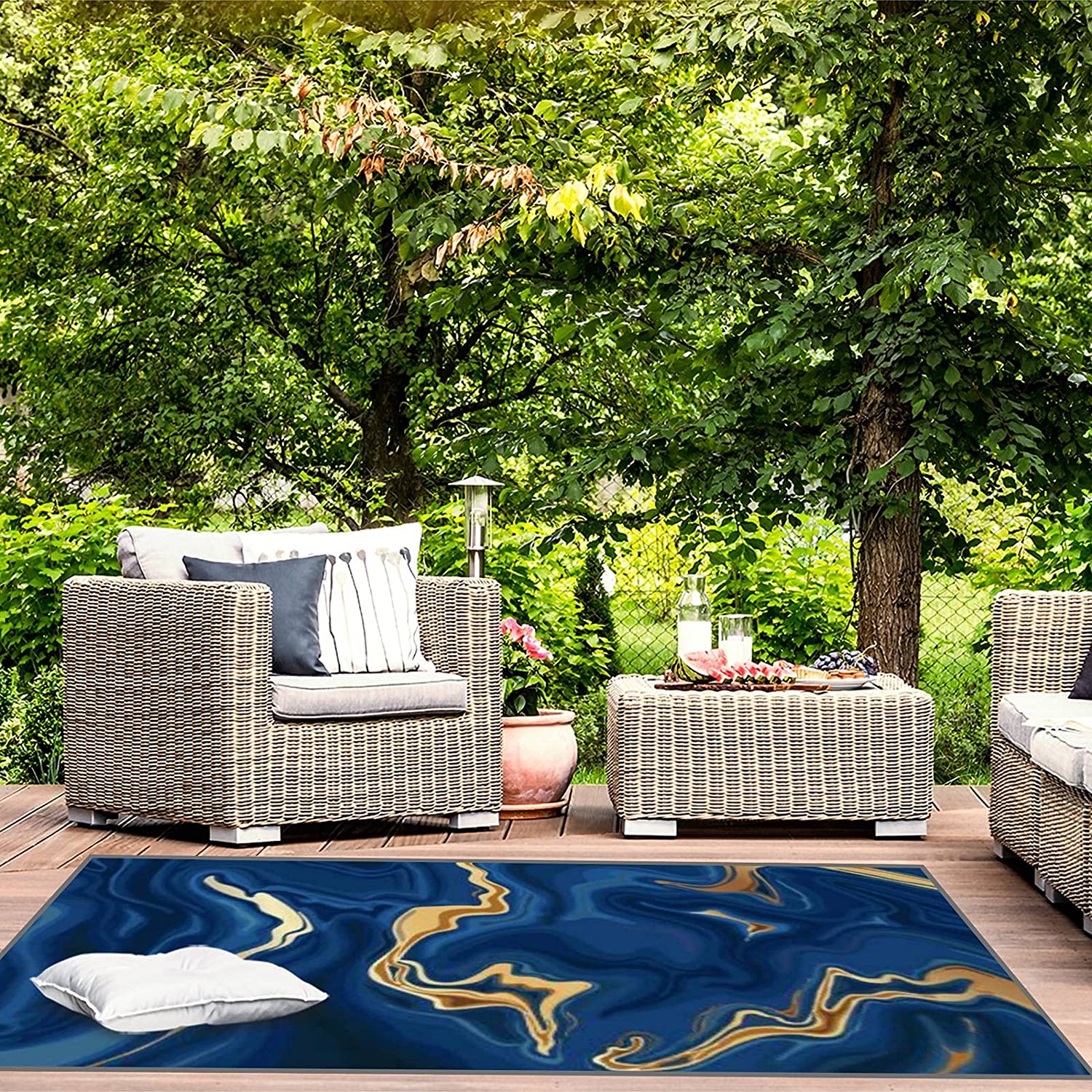 Gorgeous Sapphire Navy Blue Black Gold Marble Decor Art Rugs for Modern Indoor and Outdoor Style