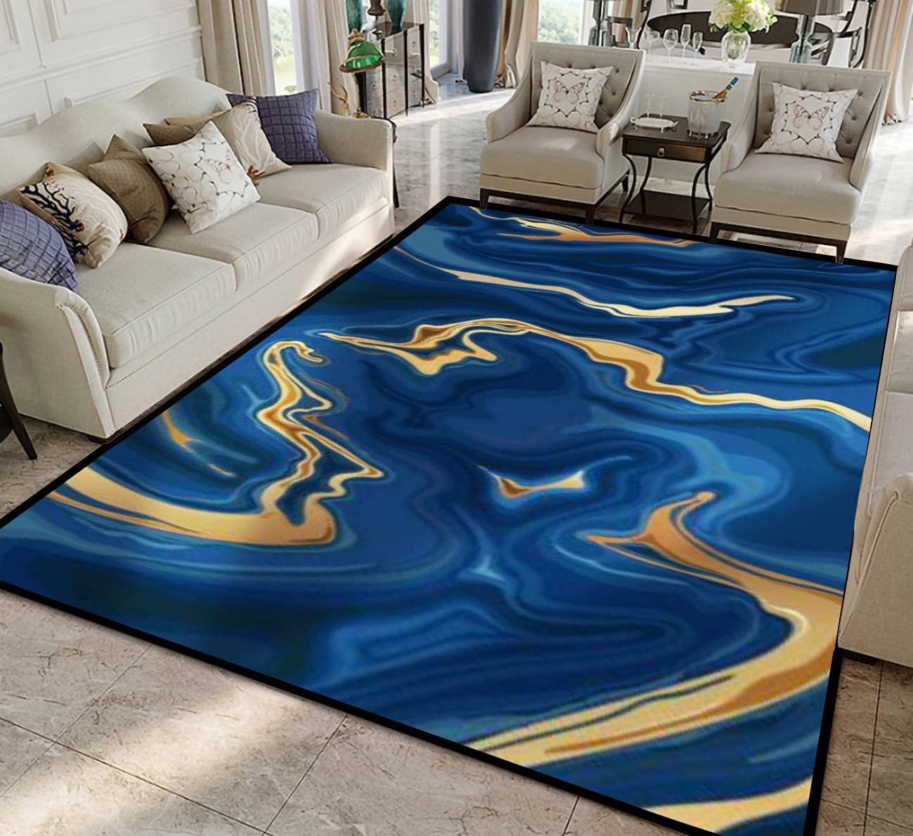 Gorgeous Sapphire Navy Blue Black Gold Marble Decor Art Rugs for Modern Indoor and Outdoor Style - Image 2