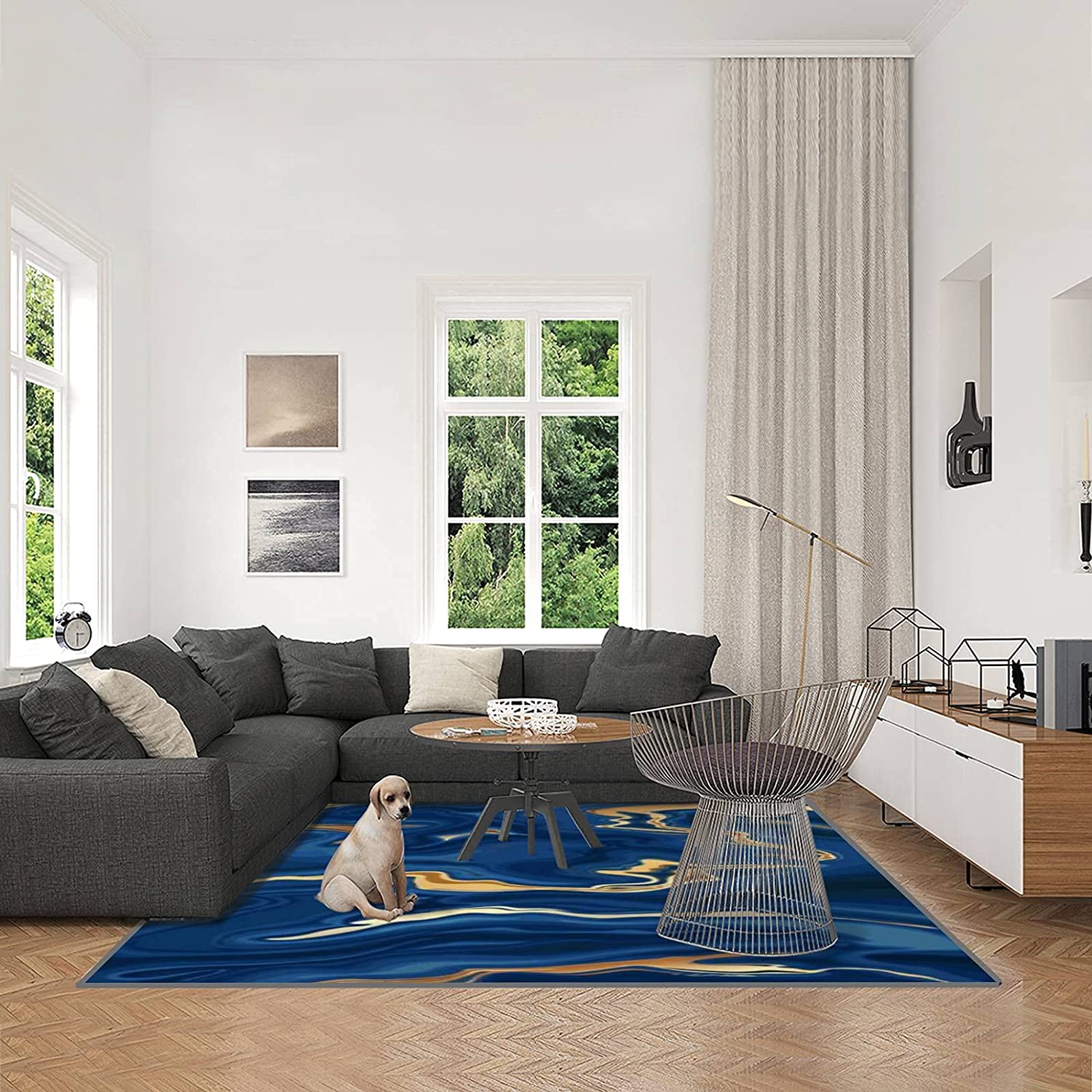 Gorgeous Sapphire Navy Blue Black Gold Marble Decor Art Rugs for Modern Indoor and Outdoor Style - Image 3
