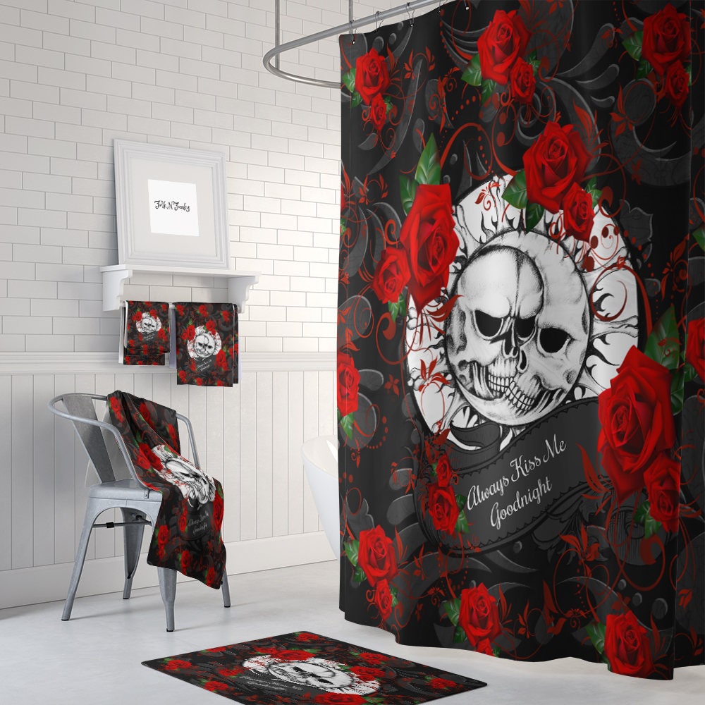 Gothic Celestial Skull Shower Curtain Set with Red and Black Bath Accessories