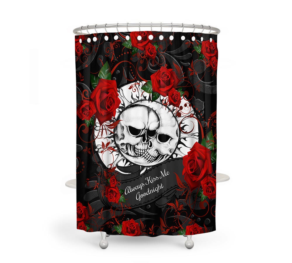 Gothic Celestial Skull Shower Curtain Set with Red and Black Bath Accessories - Image 2