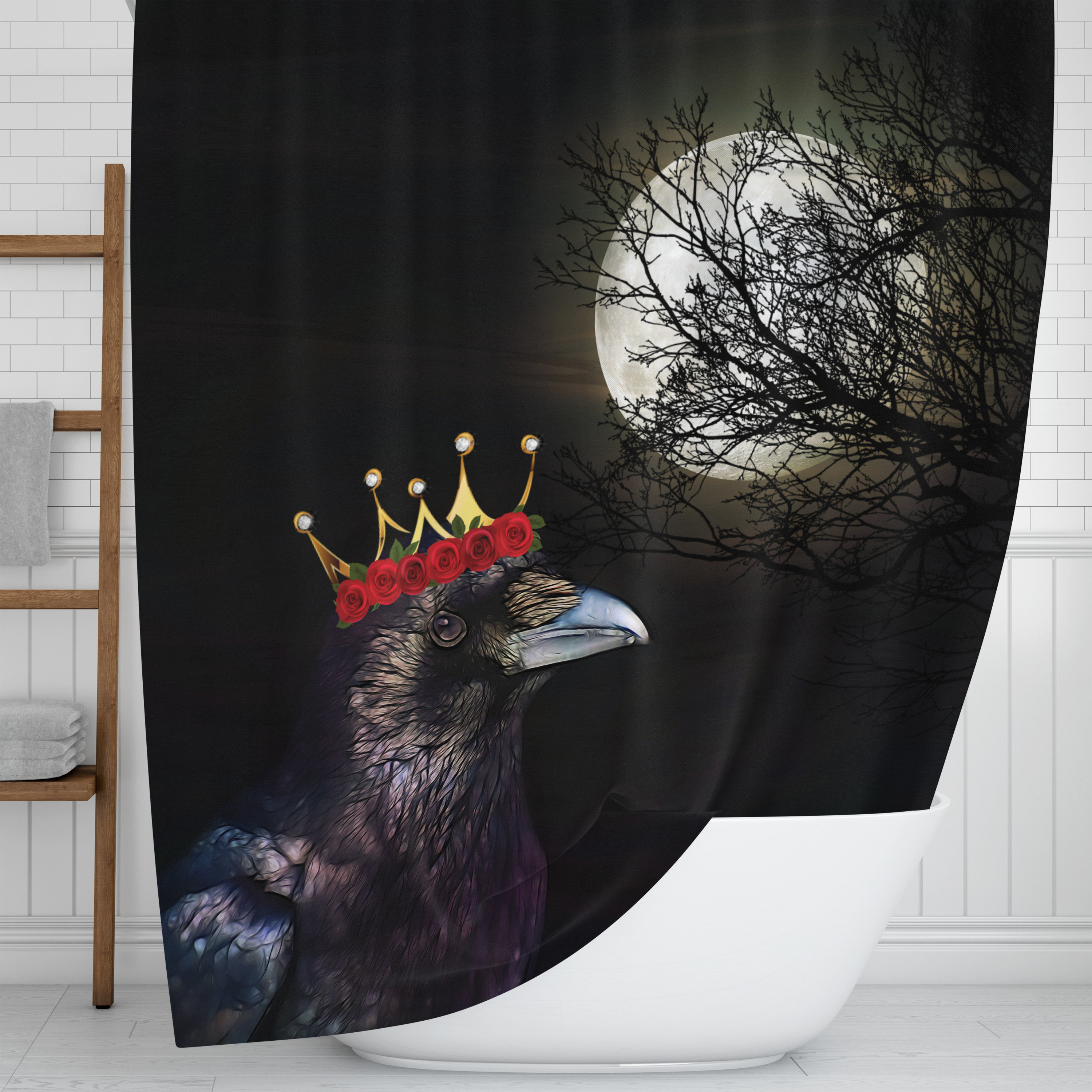 Gothic Crow and Moon Shower Curtain Set with Mysterious Theme