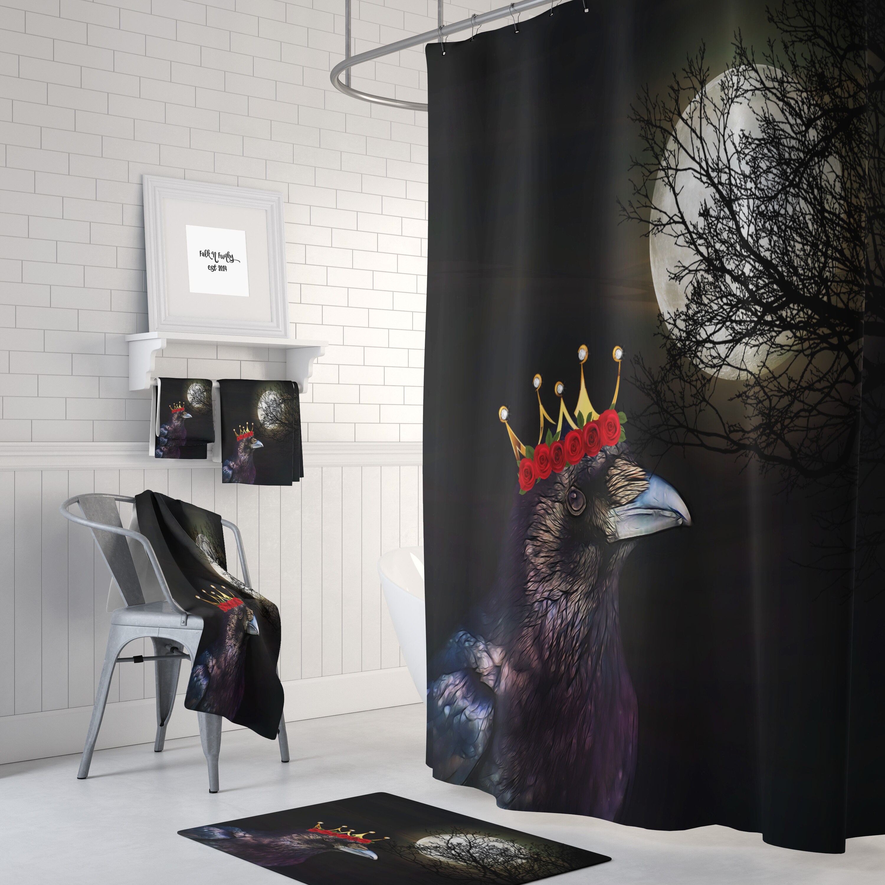 Gothic Crow and Moon Shower Curtain Set with Mysterious Theme - Image 2