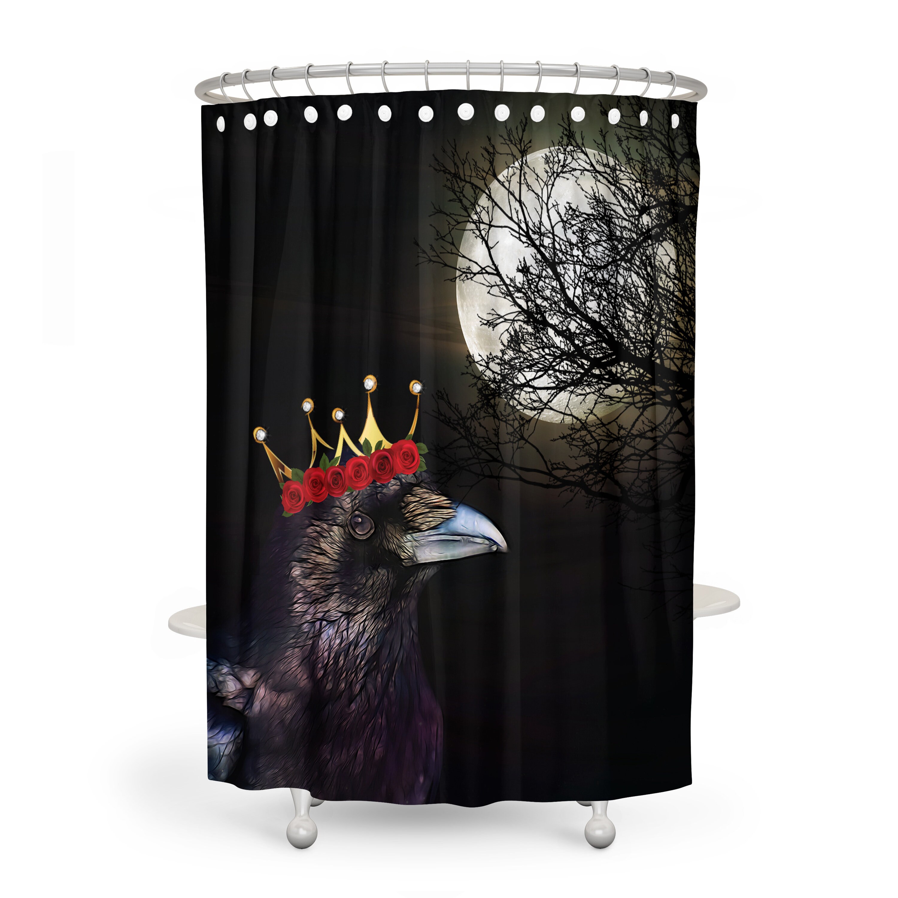 Gothic Crow and Moon Shower Curtain Set with Mysterious Theme - Image 3