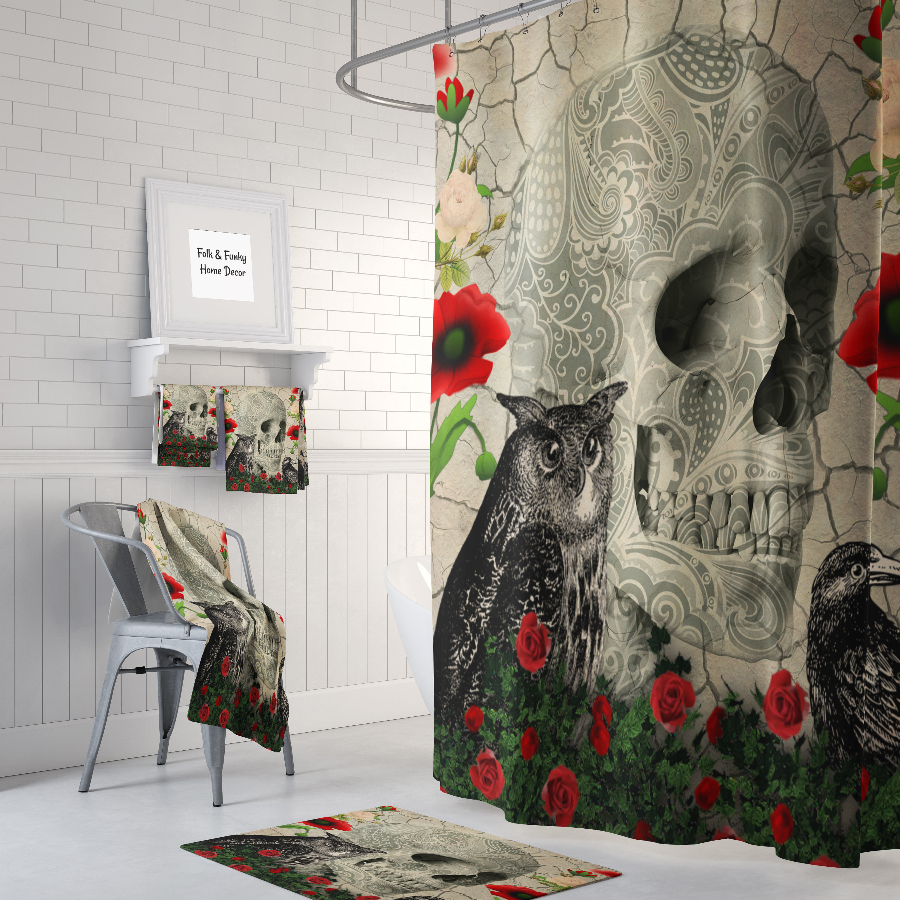 Gothic Day of the Dead Skull Shower Curtain Set with Crow, Owl, and Rose Design