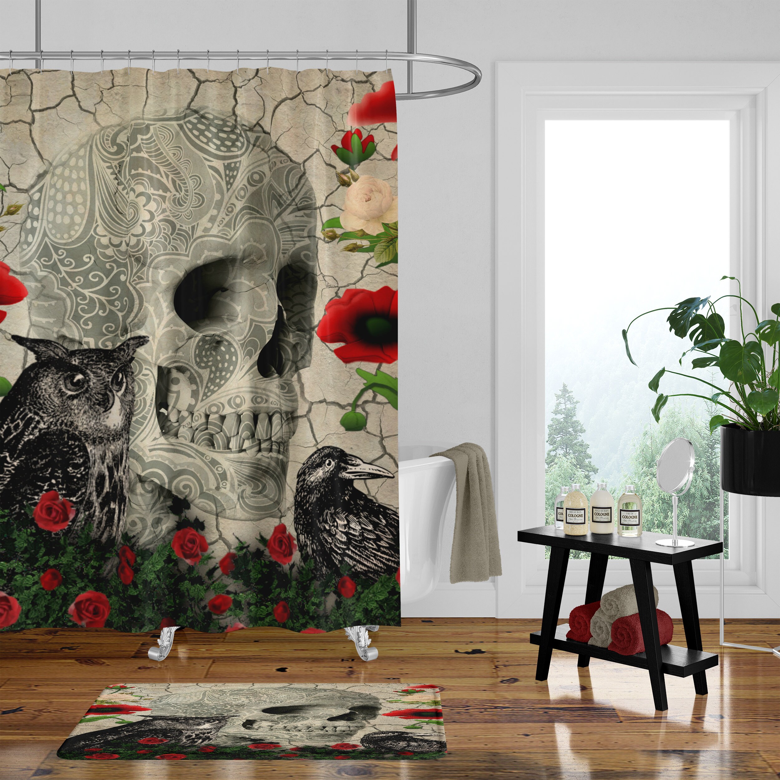 Gothic Day of the Dead Skull Shower Curtain Set with Crow, Owl, and Rose Design - Image 2
