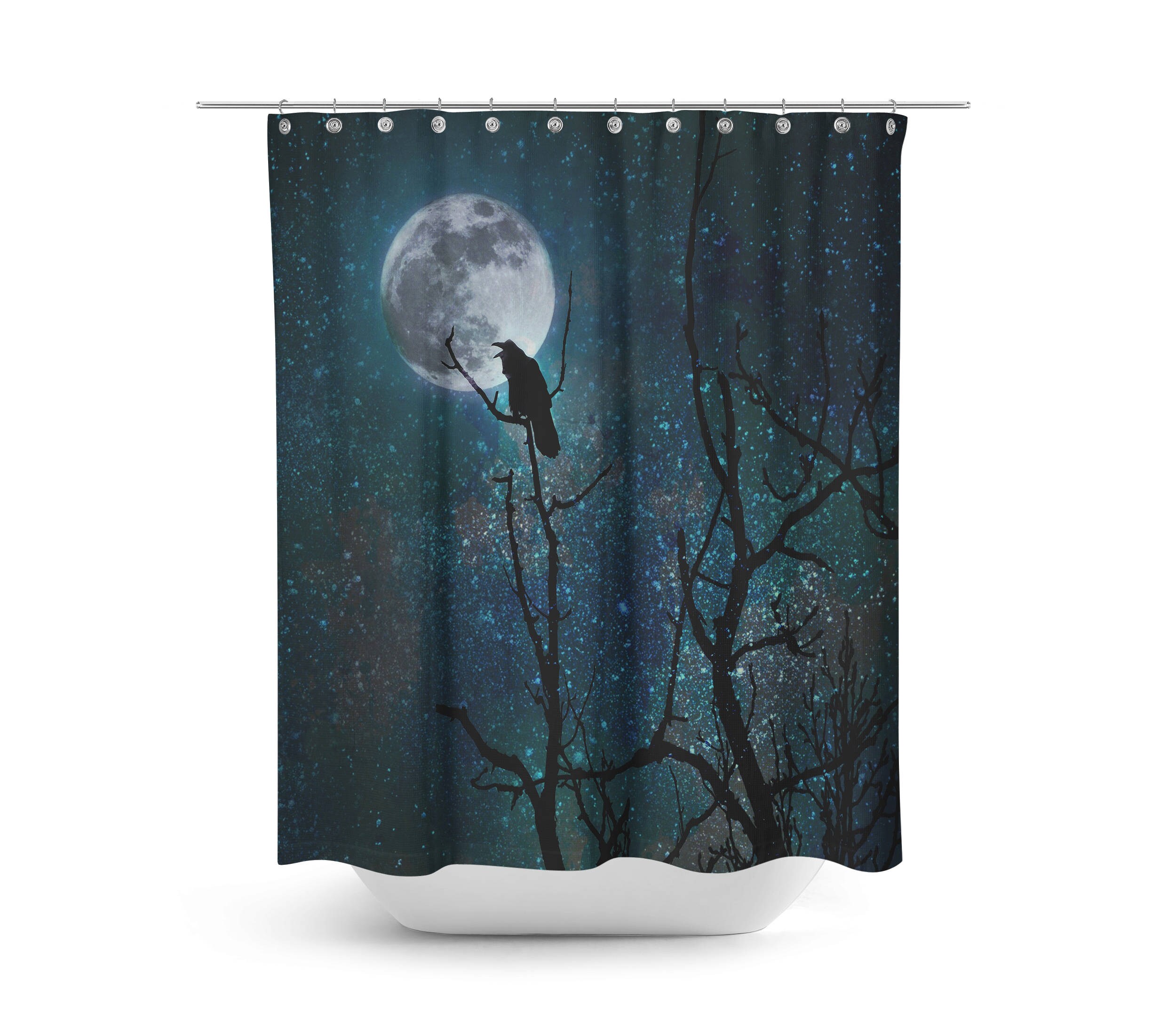 Gothic Raven Crow Shower Curtain Set with Night Sky Theme - Image 2