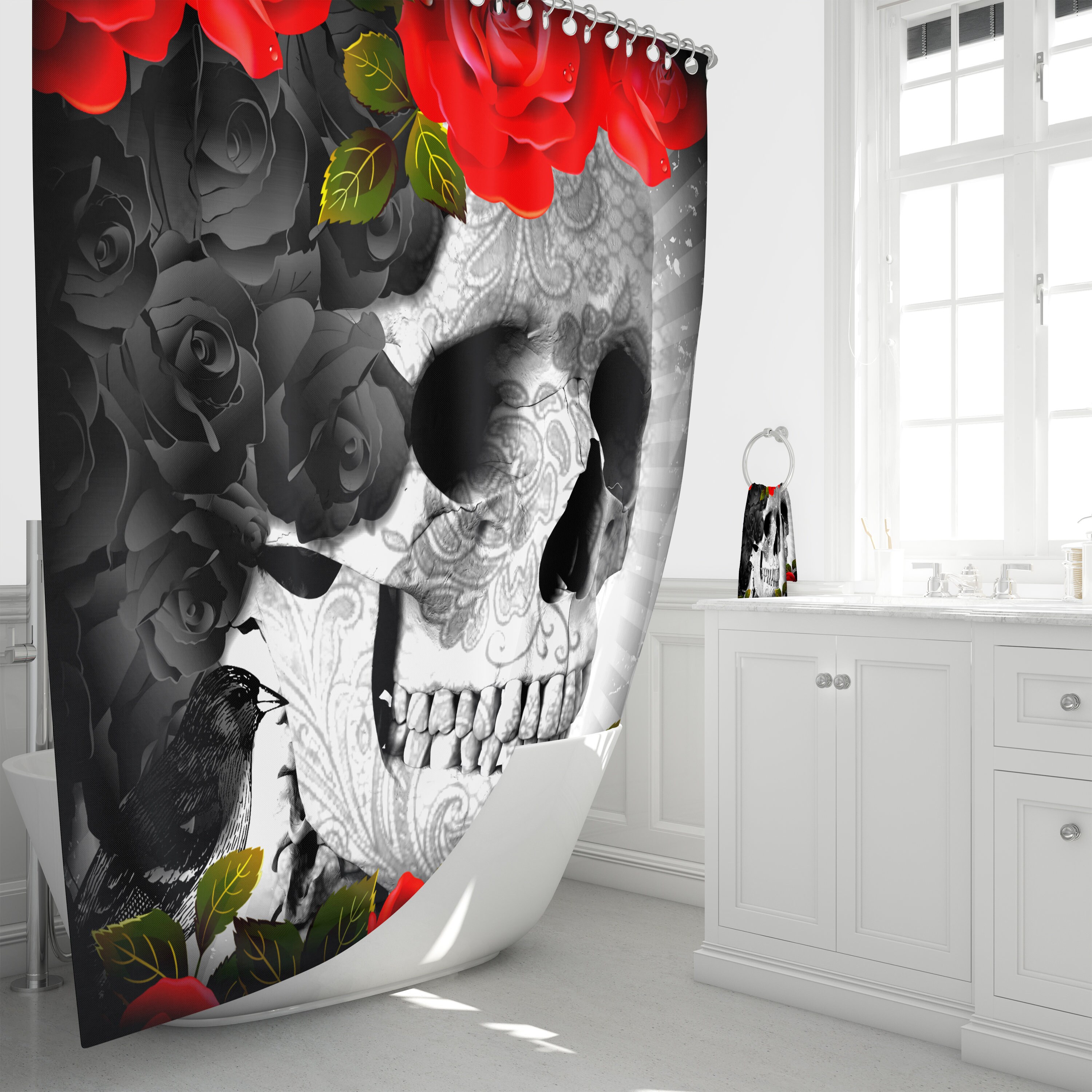 Gothic Skull Black Roses Shower Curtain, Creepy Bathroom Decor with Restroom Shower Curtains Decorative Ideas