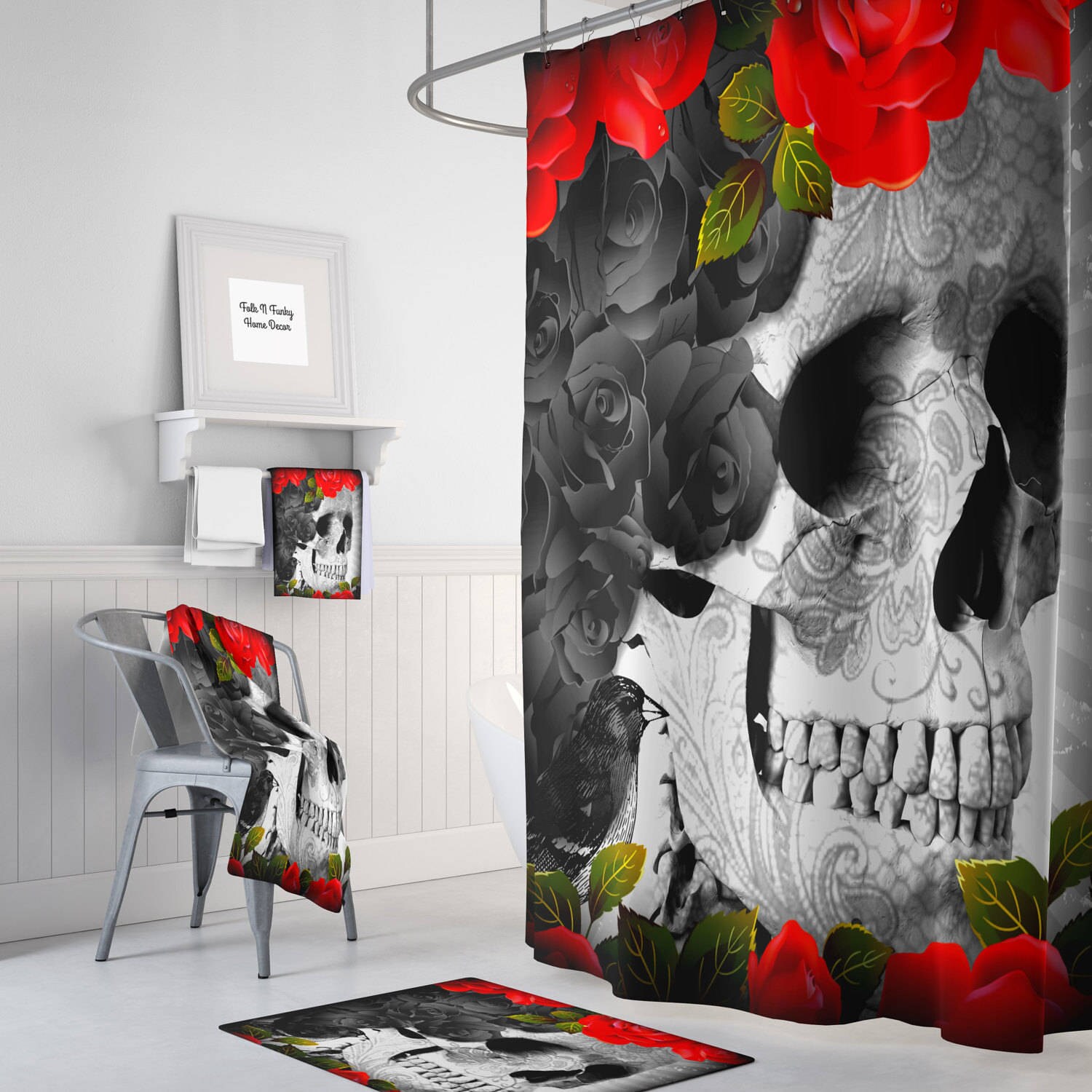 Gothic Skull Black Roses Shower Curtain, Creepy Bathroom Decor with Restroom Shower Curtains Decorative Ideas - Image 2