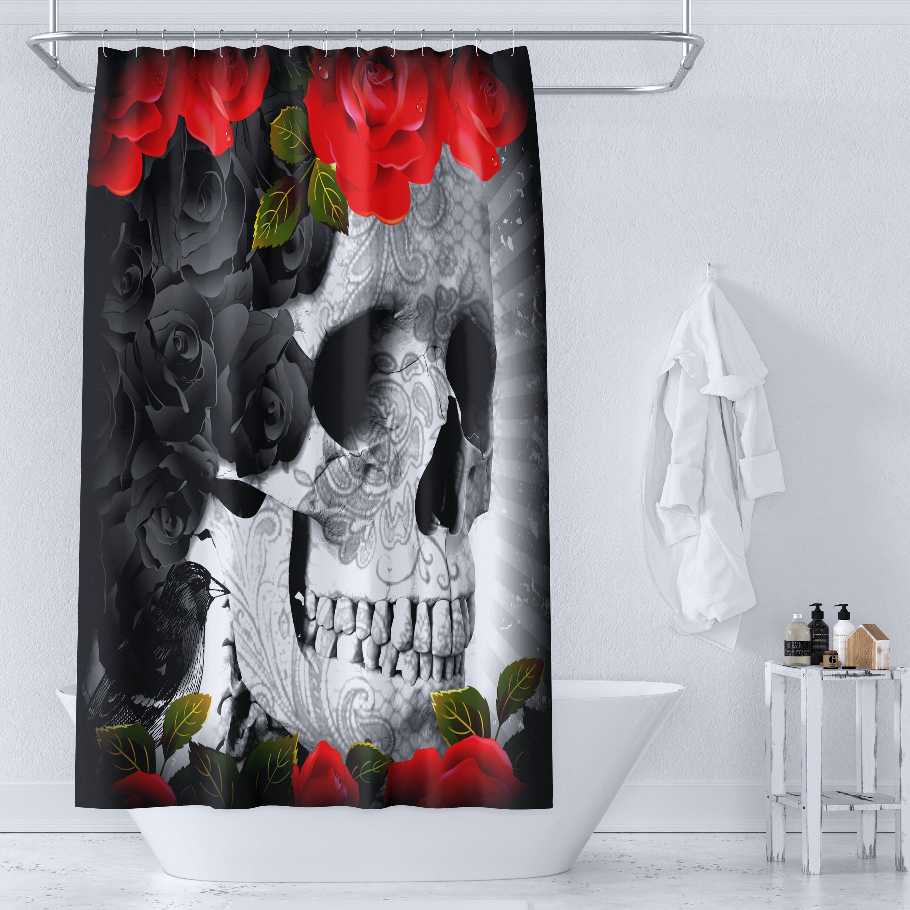 Gothic Skull Black Roses Shower Curtain, Creepy Bathroom Decor with Restroom Shower Curtains Decorative Ideas - Image 3