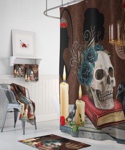 Gothic Skull Shower Curtain Set with Creepy Accessories