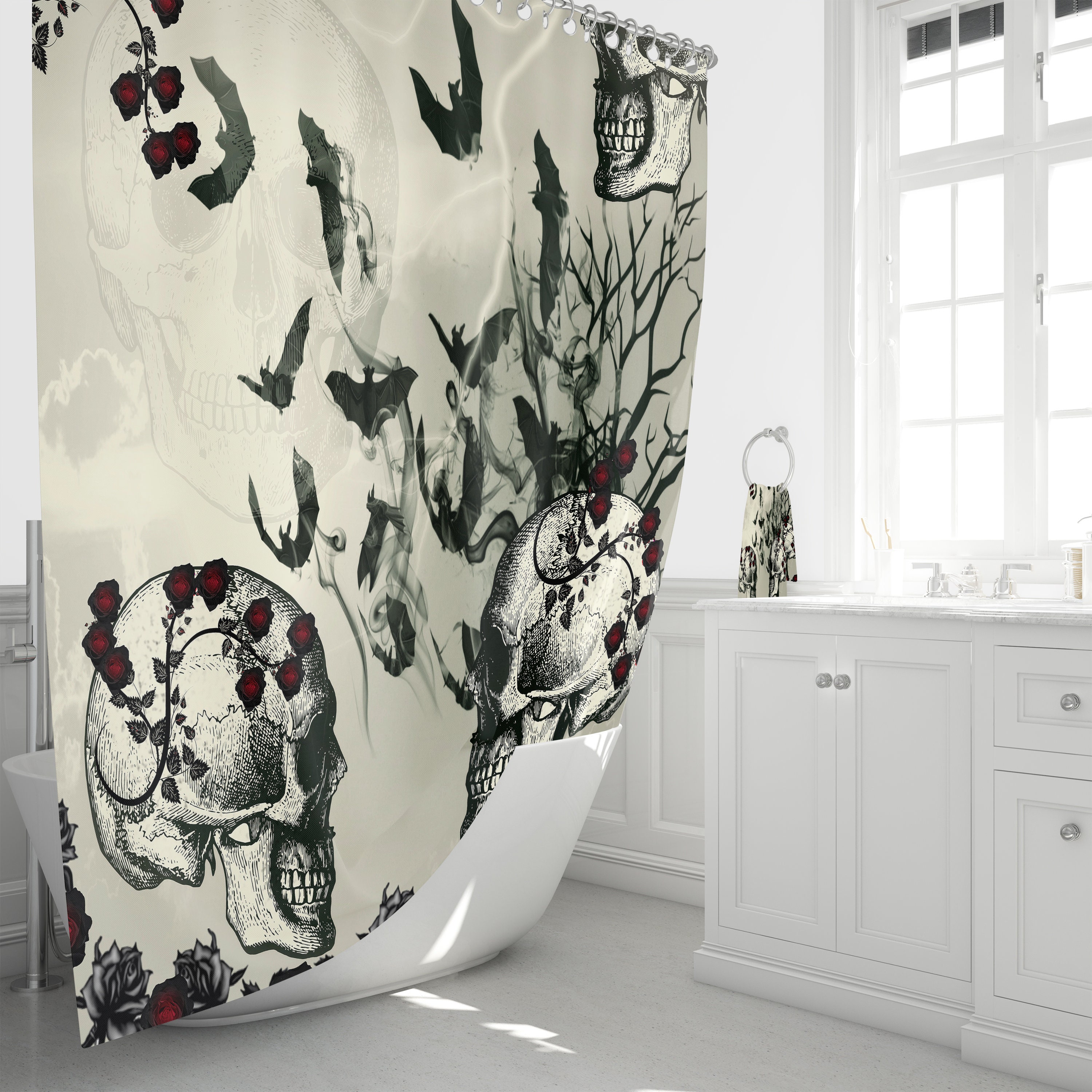 Gothic Skulls and Bats Shower Curtain for a Spooky Bathroom