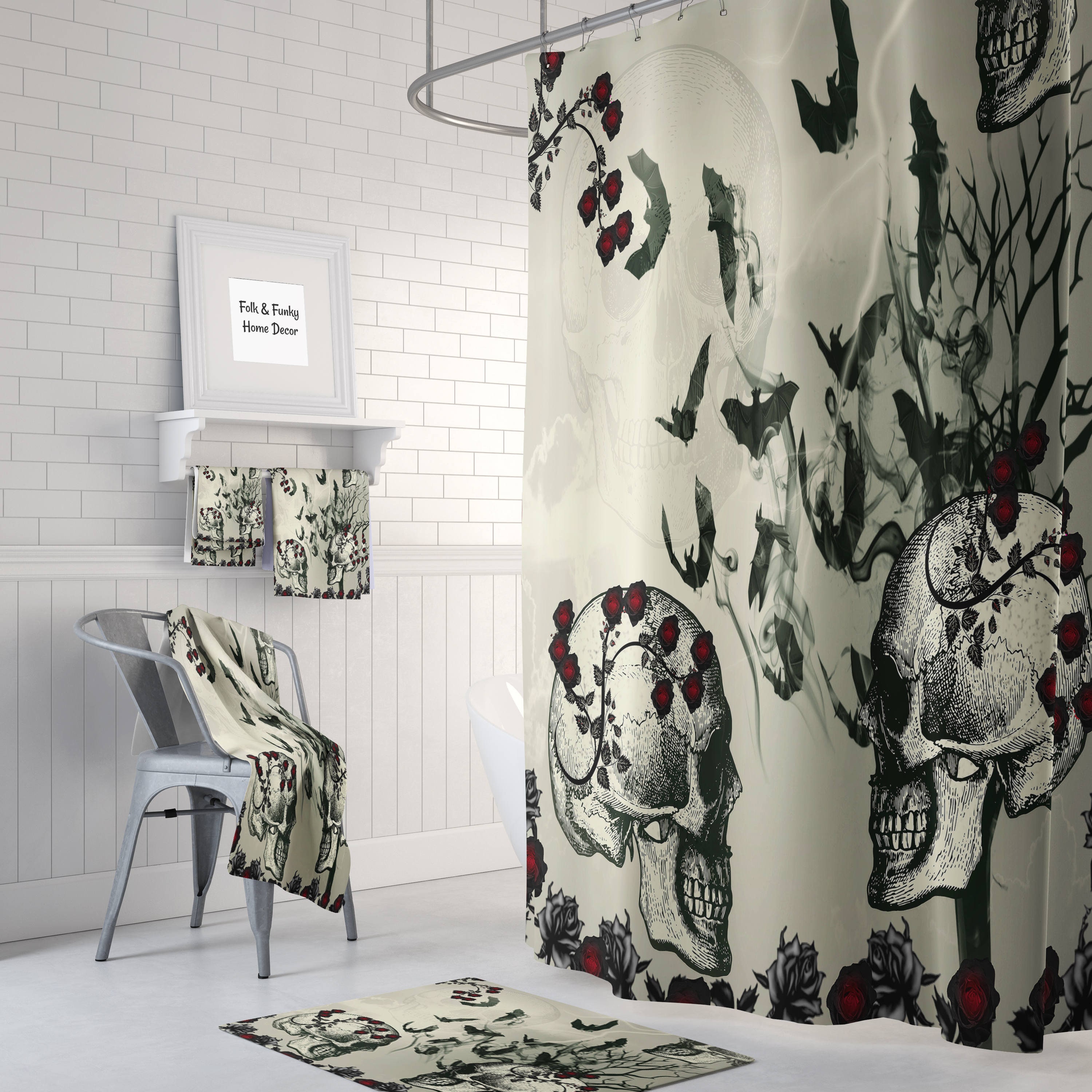 Gothic Skulls and Bats Shower Curtain for a Spooky Bathroom - Image 2