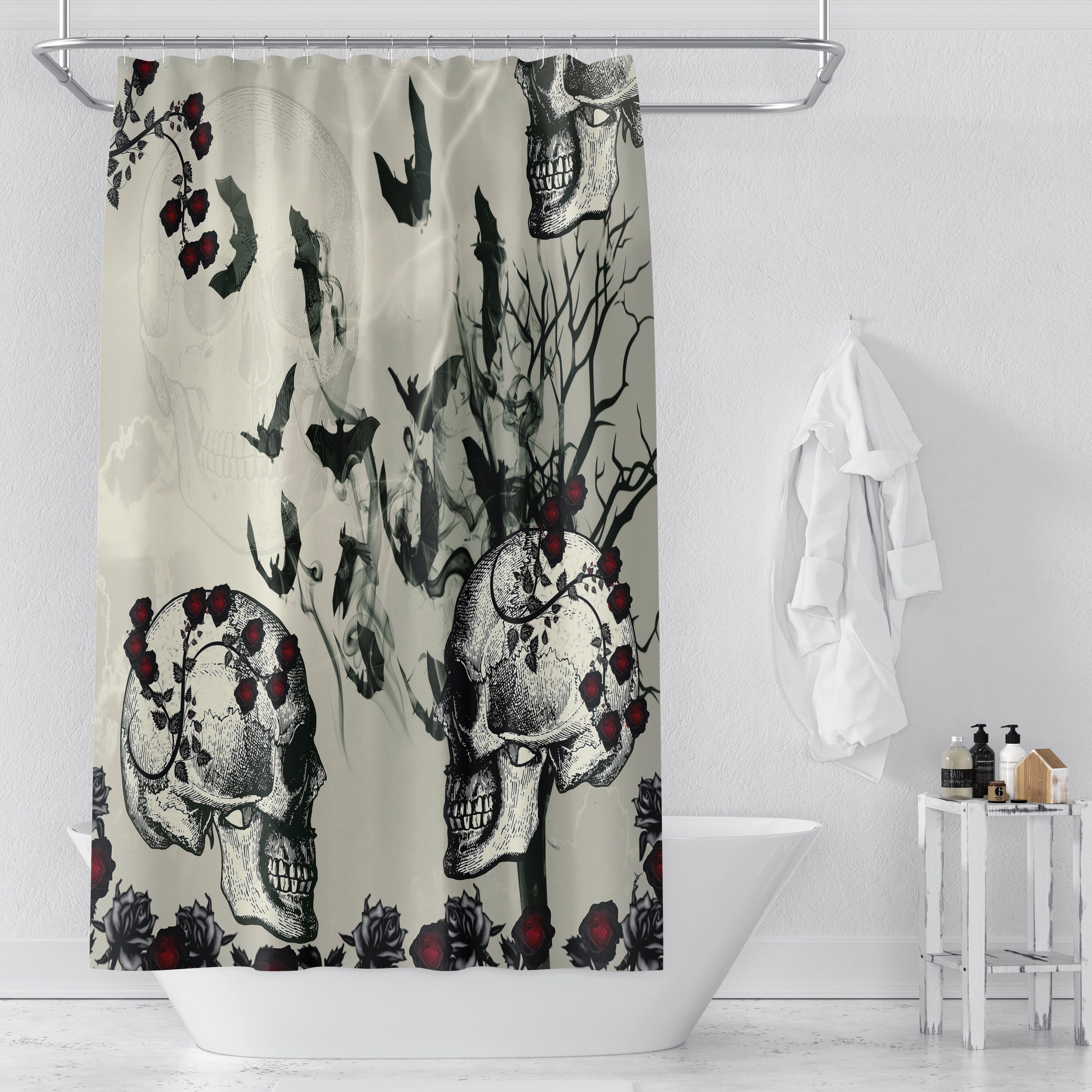 Gothic Skulls and Bats Shower Curtain for a Spooky Bathroom - Image 4