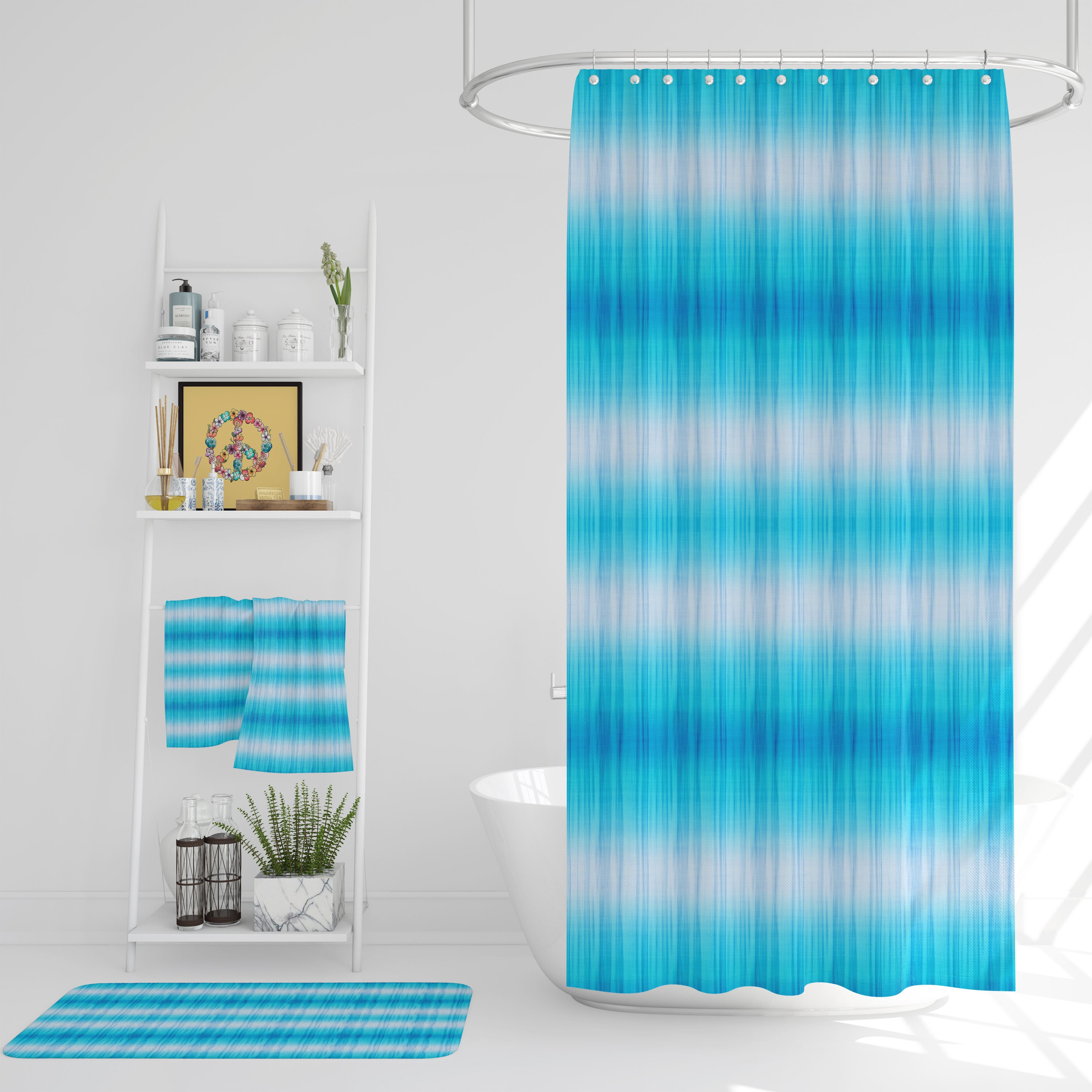 Gradient Blue Boho Shower Curtain Optional Bath Mat and Towels with At Home Shower Curtains Print