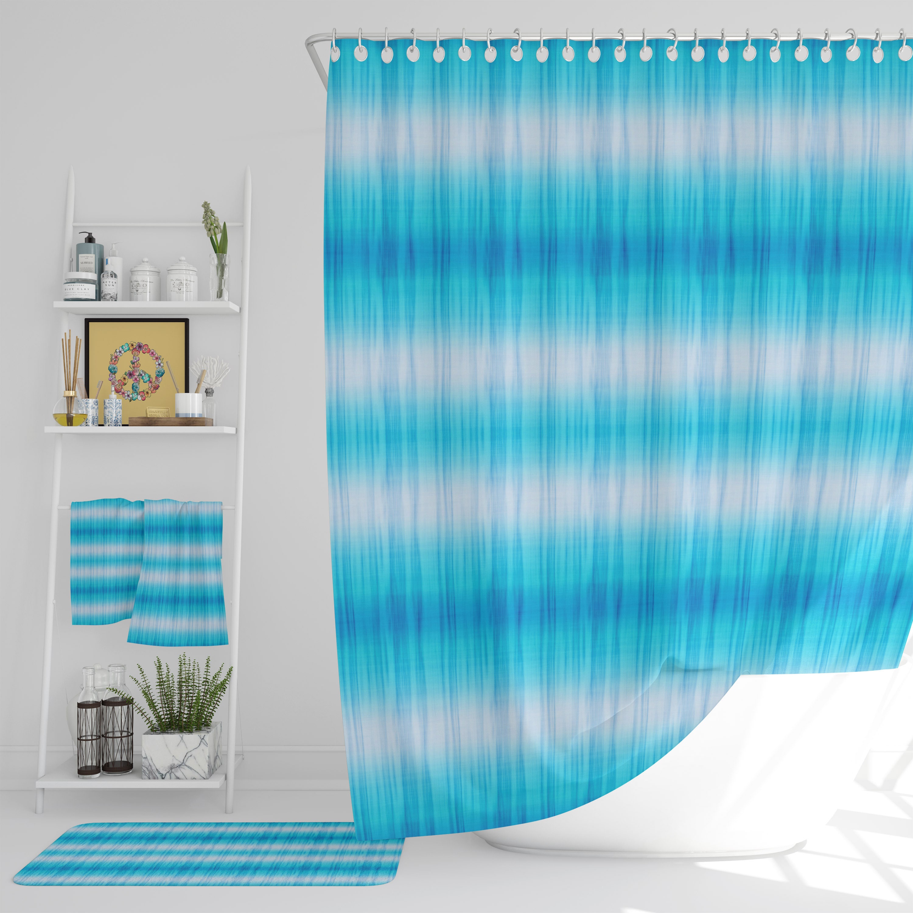 Gradient Blue Boho Shower Curtain Optional Bath Mat and Towels with At Home Shower Curtains Print - Image 2