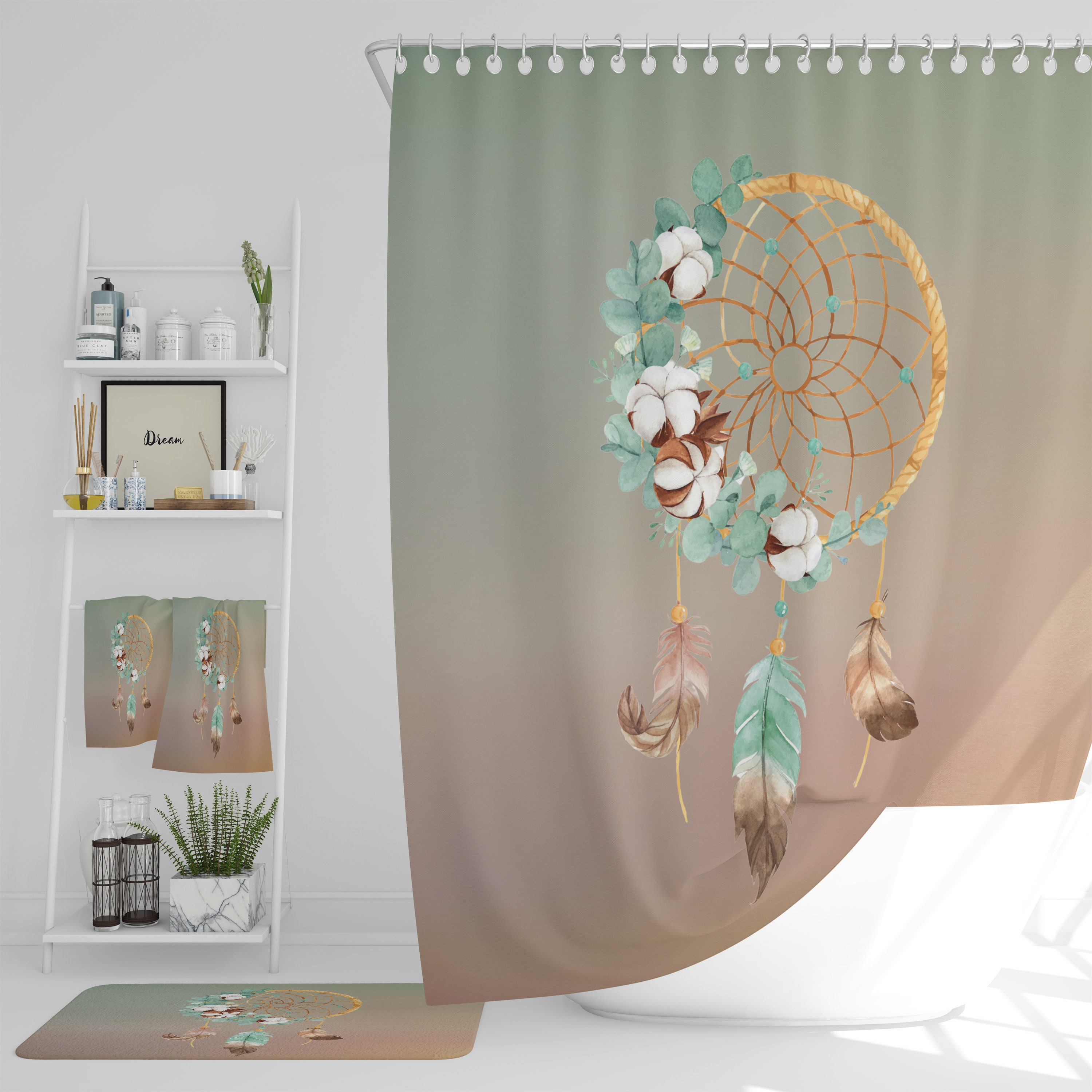 Gradient Dreamcatcher Shower Curtain Set with Optional Bath Mat and Bath Towels