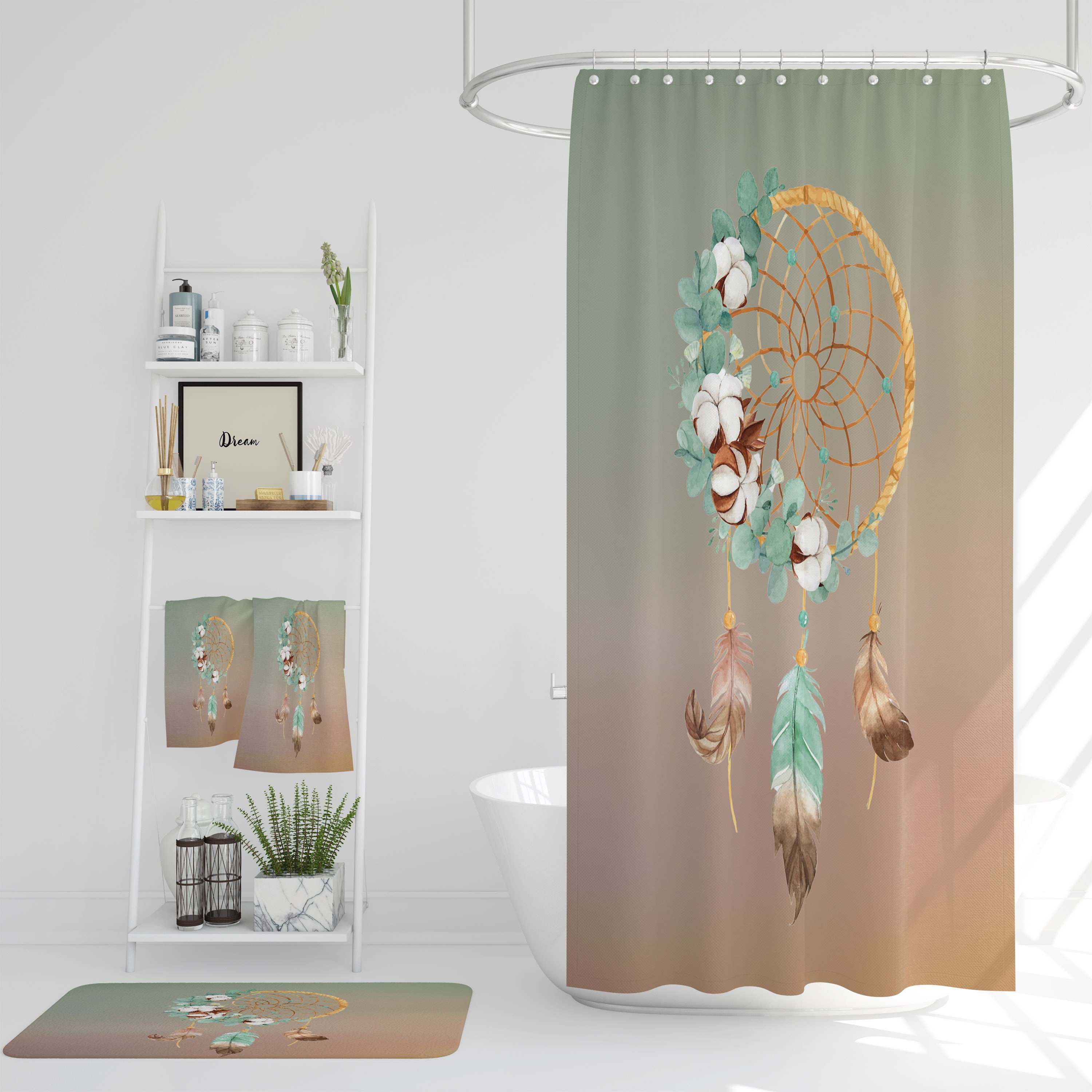 Gradient Dreamcatcher Shower Curtain Set with Optional Bath Mat and Bath Towels - Image 2