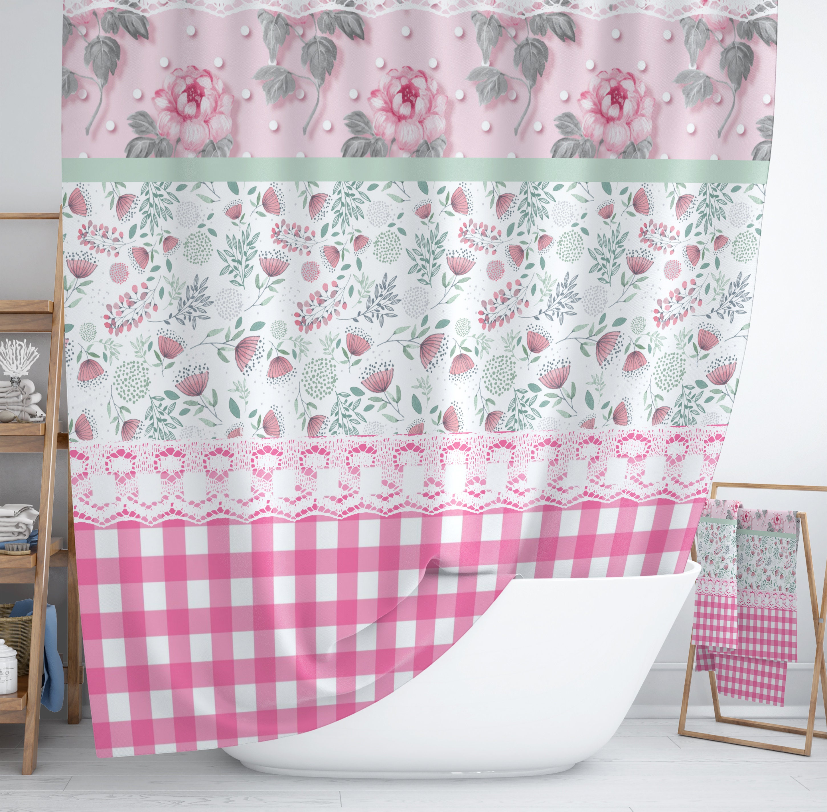 Granny Chic Pink Floral and Gingham Shower Curtain Set