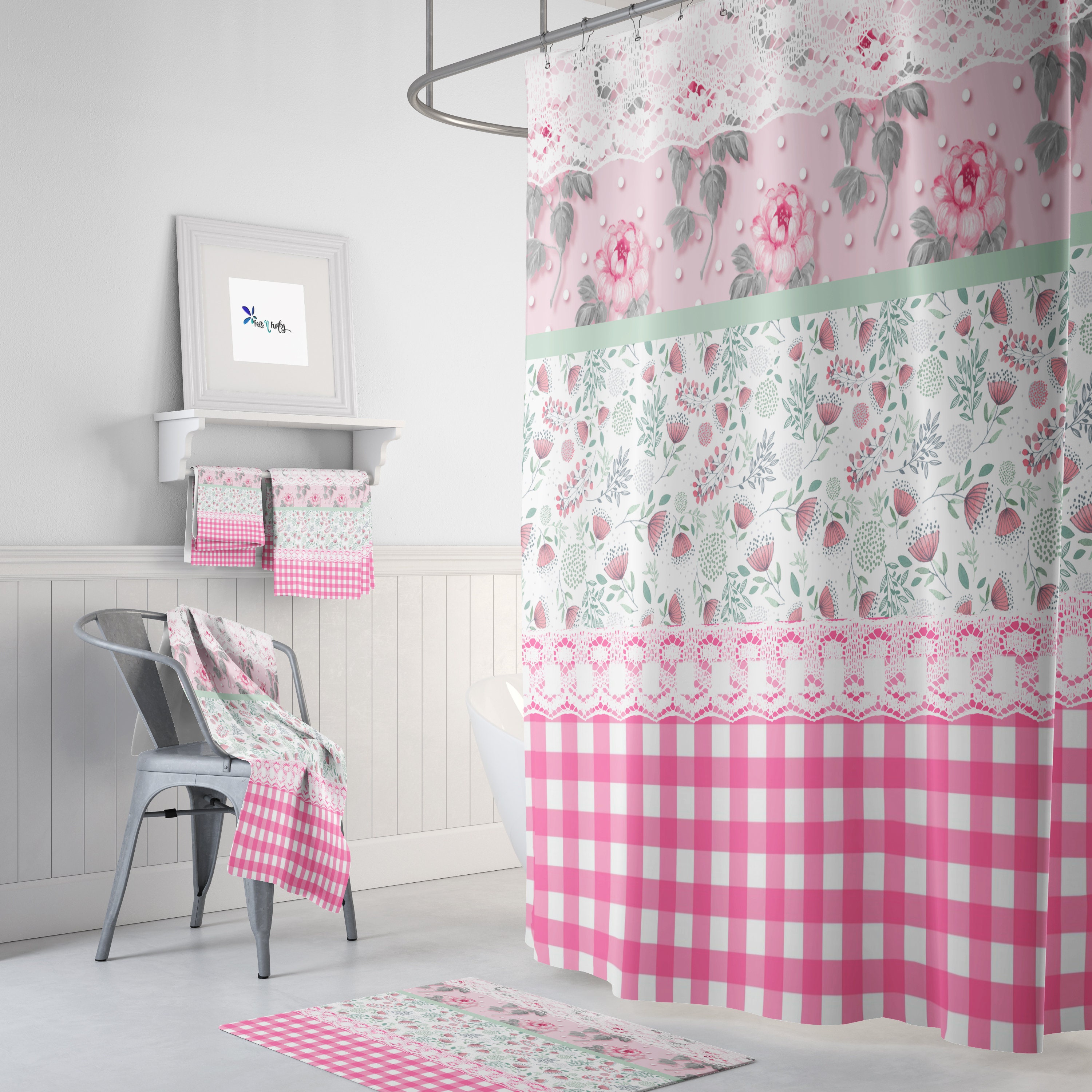 Granny Chic Pink Floral and Gingham Shower Curtain Set - Image 2
