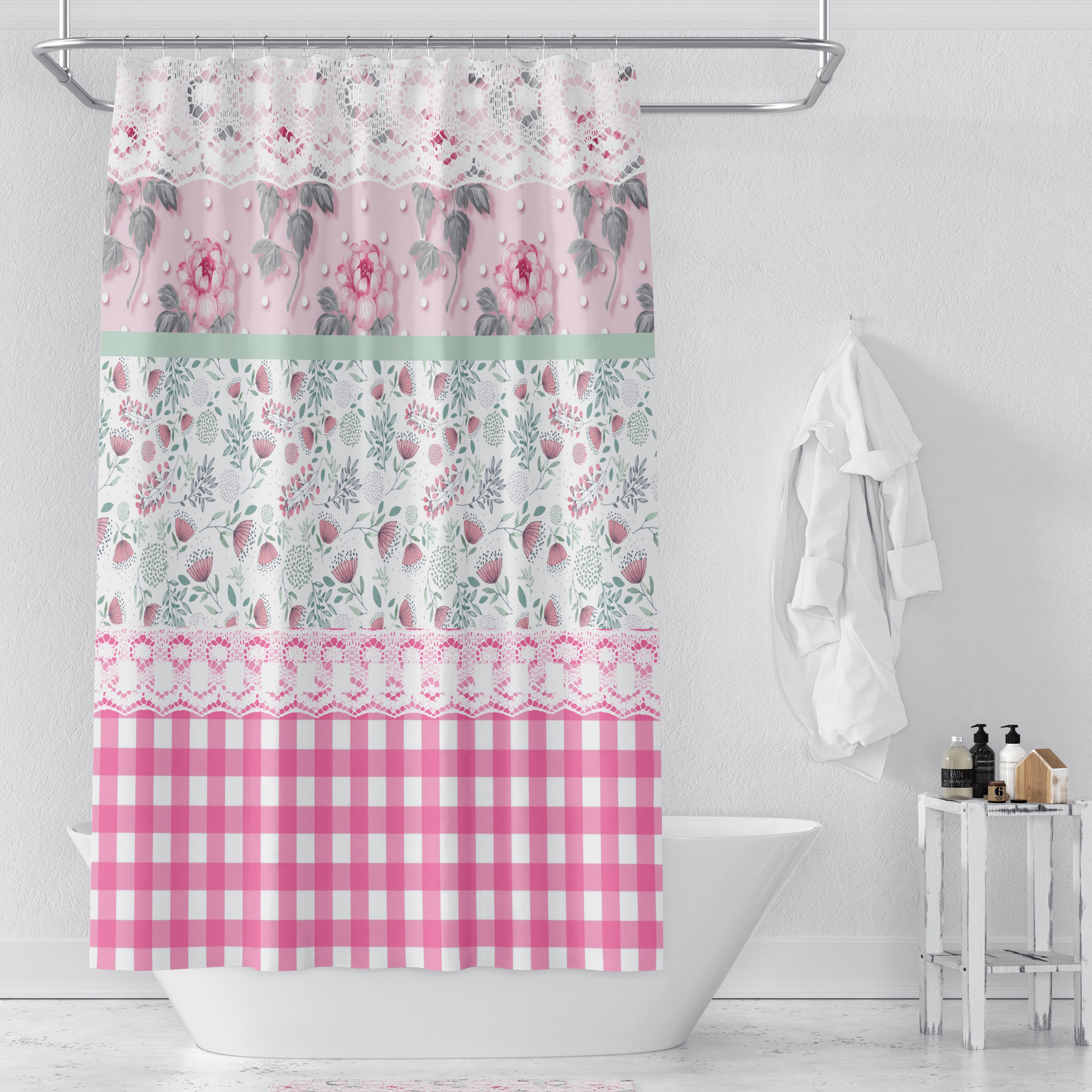Granny Chic Pink Floral and Gingham Shower Curtain Set - Image 3