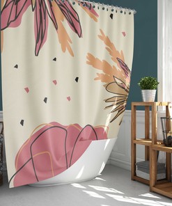 Graphic Pink Floral Shower Curtain | Botanical Theme | Simple Fabric Bathroom Curtain Set