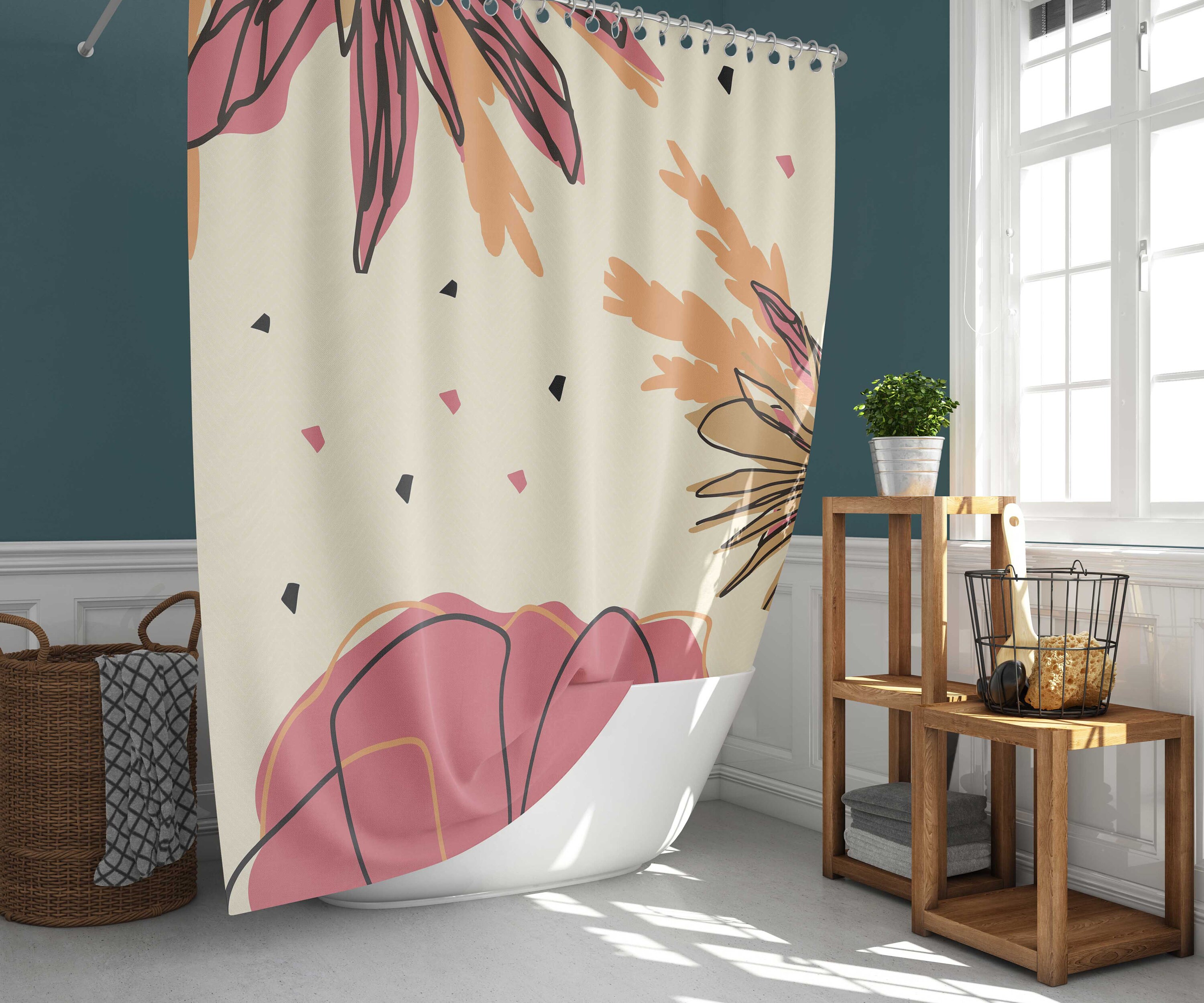 Graphic Pink Floral Shower Curtain | Botanical Theme | Simple Fabric Bathroom Curtain Set