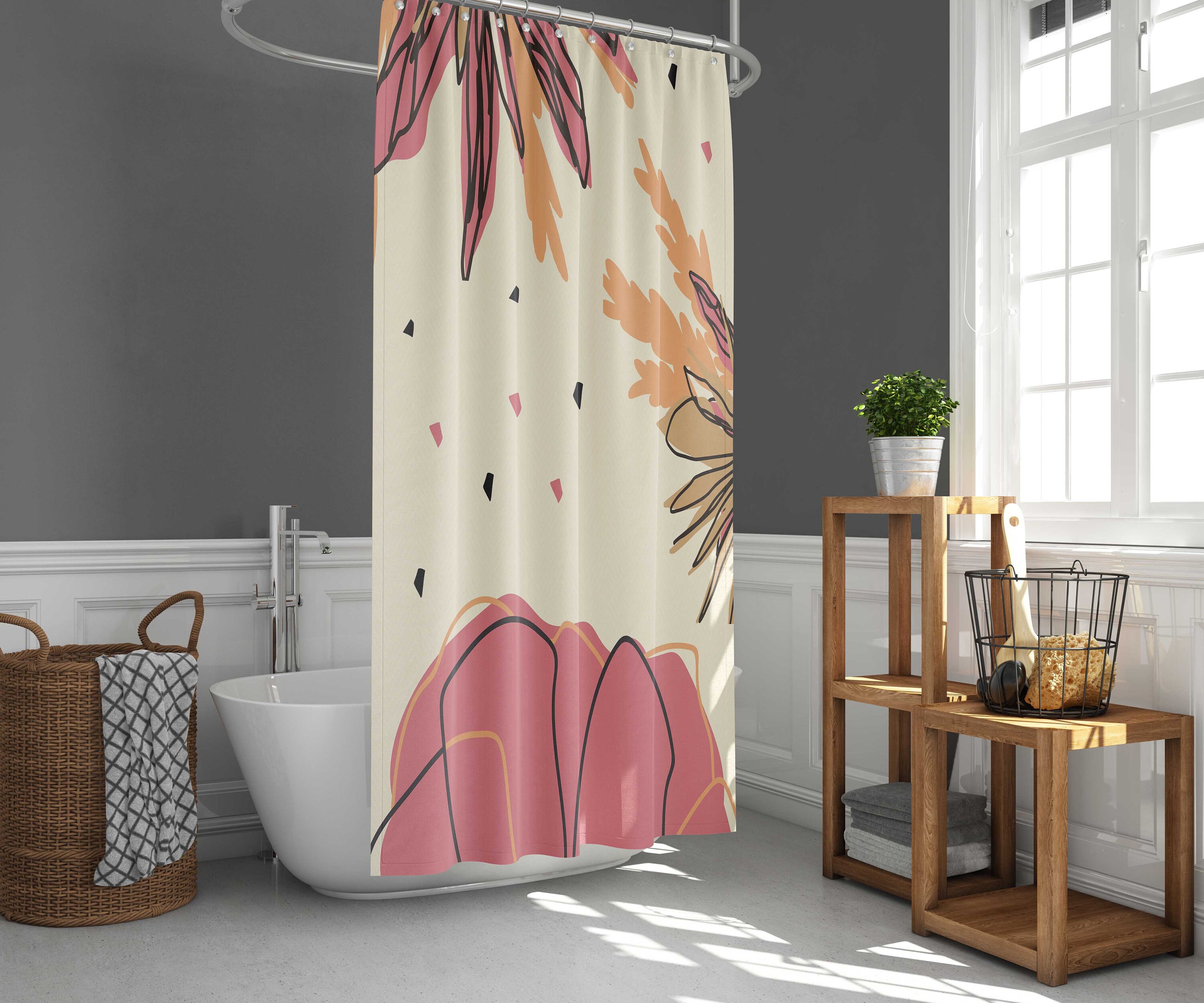 Graphic Pink Floral Shower Curtain | Botanical Theme | Simple Fabric Bathroom Curtain Set - Image 2