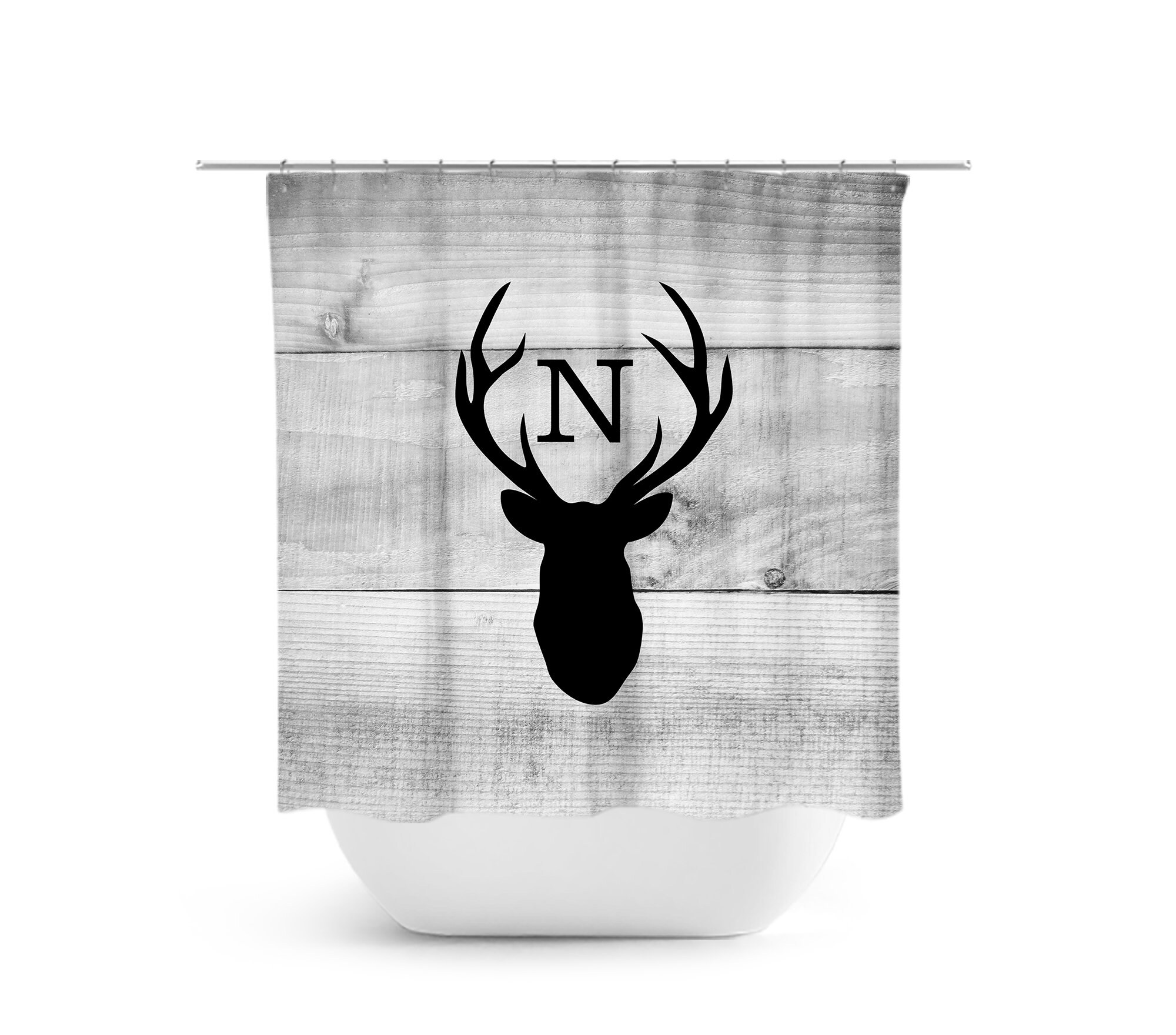 Gray Hunting Lodge Monogram Shower Curtain, Deer Head Antler Bathtub Curtain, Woodland Bathroom, Rustic Shower