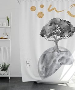 Gray Moon Bath Curtain | Planet Trees Minimalist Style | Science Lover Gift | Kids Bathroom Shower Curtain