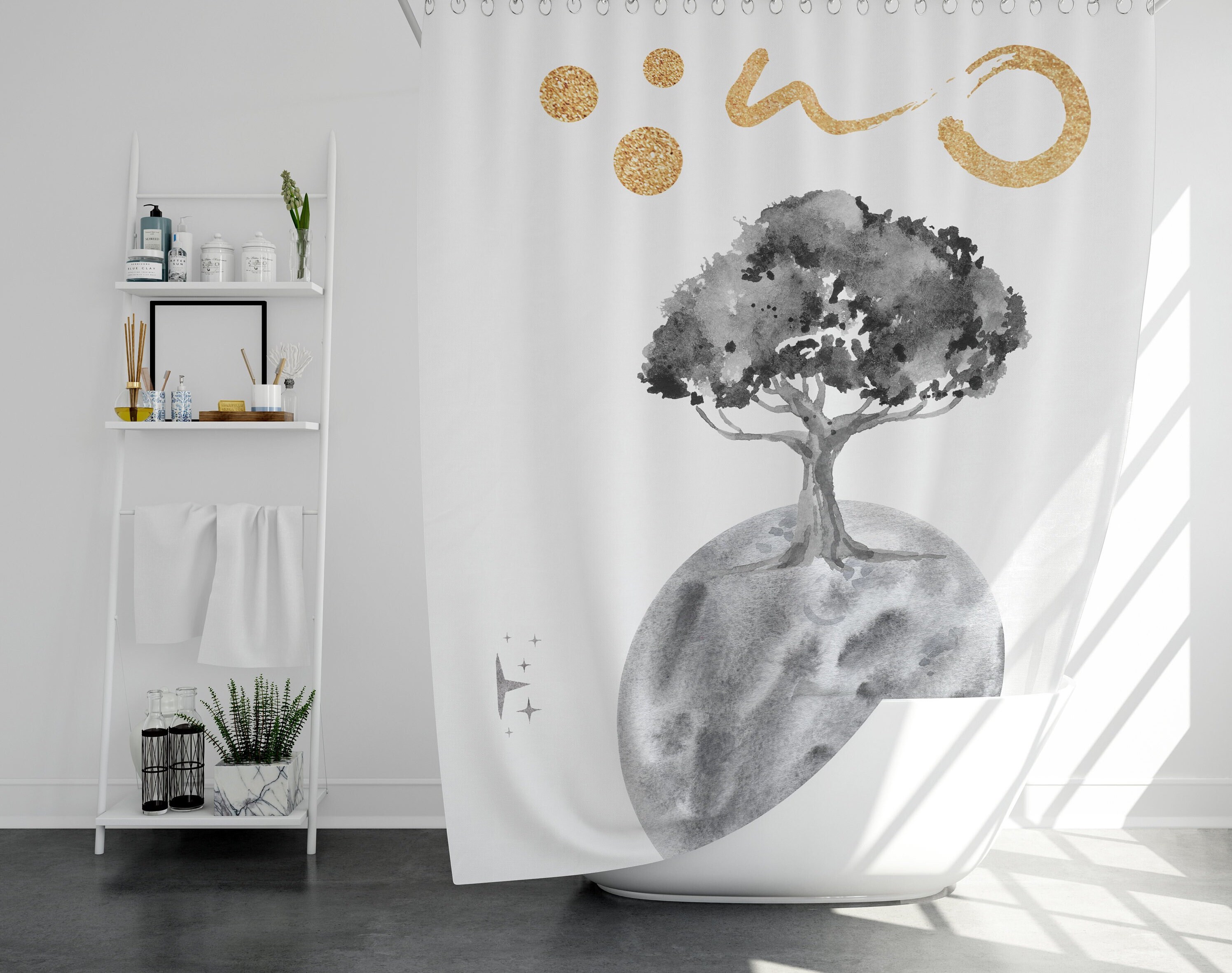 Gray Moon Bath Curtain | Planet Trees Minimalist Style | Science Lover Gift | Kids Bathroom Shower Curtain