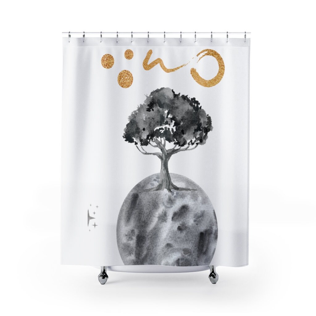 Gray Moon Bath Curtain | Planet Trees Minimalist Style | Science Lover Gift | Kids Bathroom Shower Curtain - Image 2