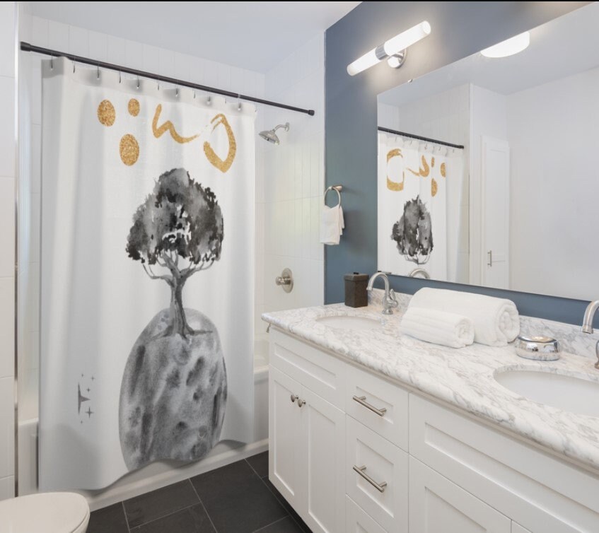 Gray Moon Bath Curtain | Planet Trees Minimalist Style | Science Lover Gift | Kids Bathroom Shower Curtain - Image 3