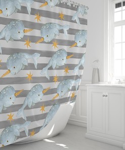 Gray Narwhal Shower Curtain with Oceanic Bathroom Decor